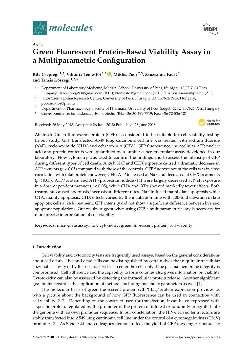 Green Fluorescent Protein-Based Viability Assay in a Multiparametric Conﬁguration