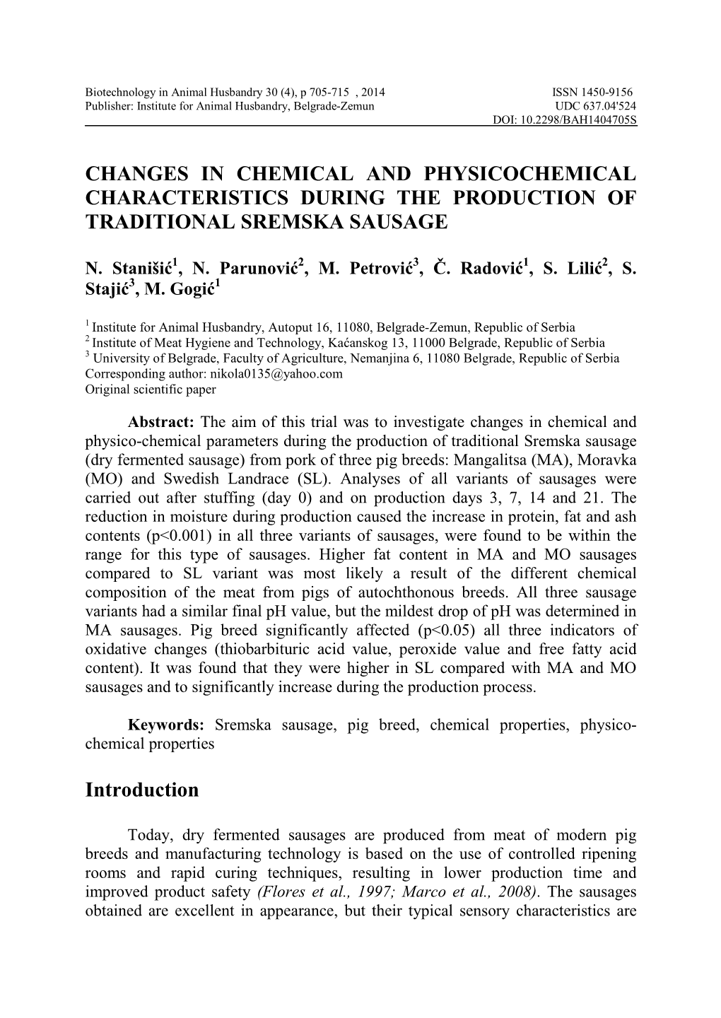 Changes in Chemical and Physicochemical Characteristics During the Production of Traditional Sremska Sausage