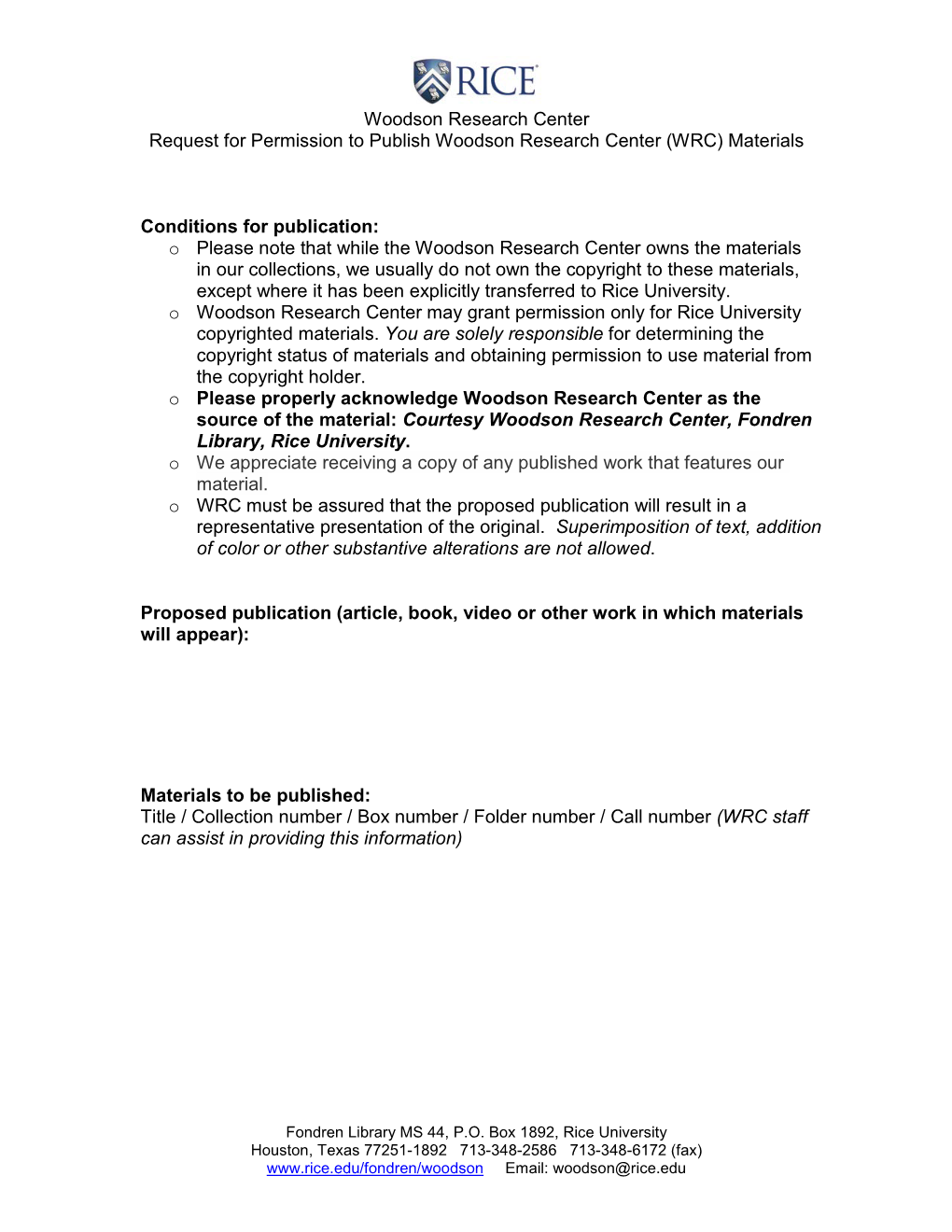 Woodson Research Center Request for Permission to Publish Woodson Research Center (WRC) Materials