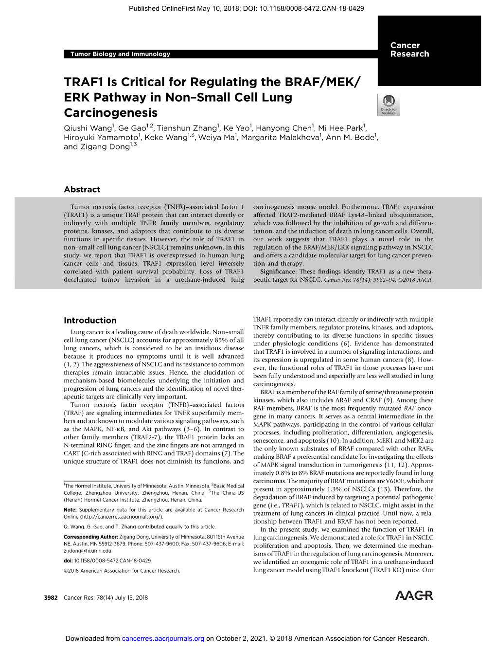 TRAF1 Is Critical for Regulating the BRAF/MEK