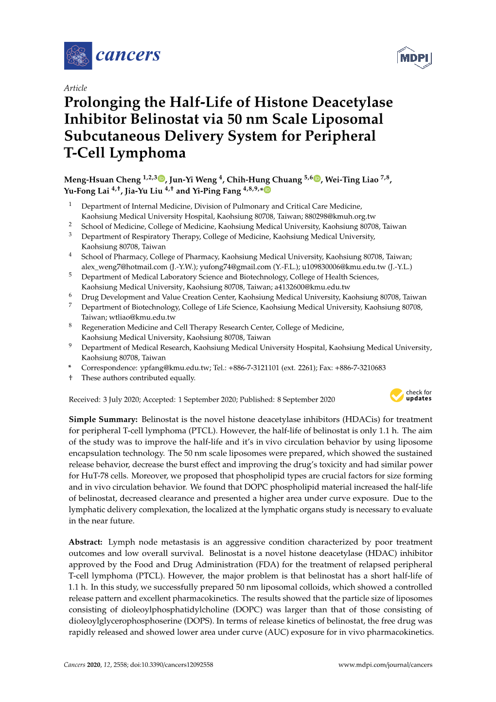 Prolonging the Half-Life of Histone Deacetylase Inhibitor Belinostat Via 50 Nm Scale Liposomal Subcutaneous Delivery System for Peripheral T-Cell Lymphoma