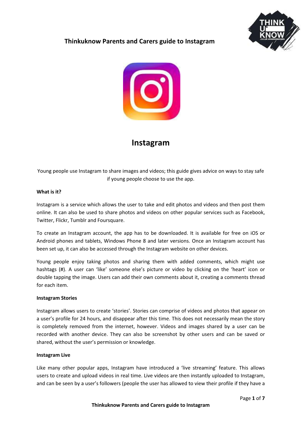 Thinkuknow Parents and Carers Guide to Instagram