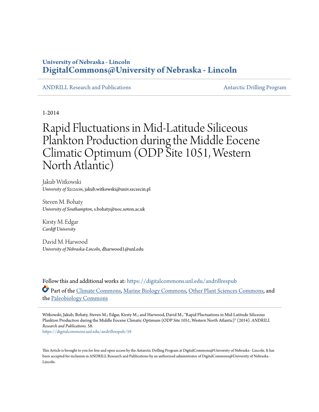 Rapid Fluctuations in Mid-Latitude Siliceous Plankton Production