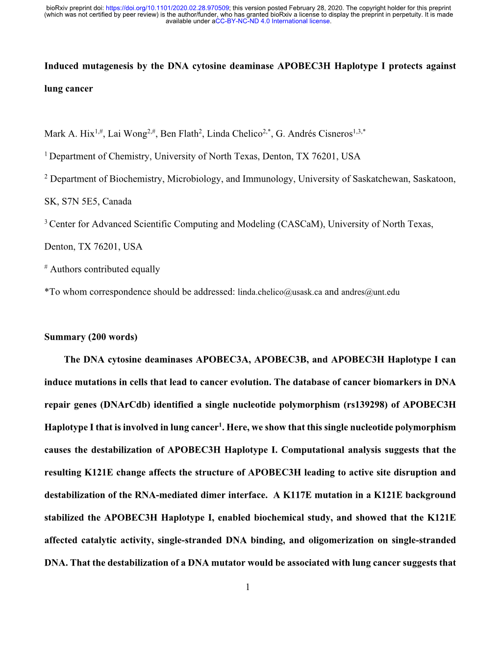 Induced Mutagenesis by the DNA Cytosine Deaminase APOBEC3H Haplotype I Protects Against Lung Cancer