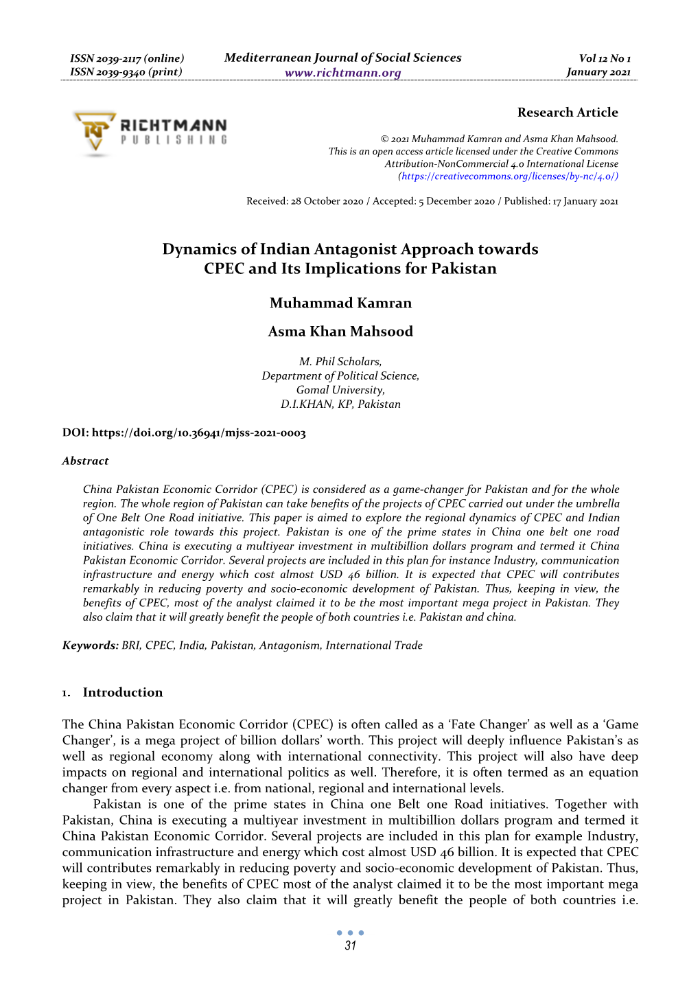 Dynamics of Indian Antagonist Approach Towards CPEC and Its Implications for Pakistan