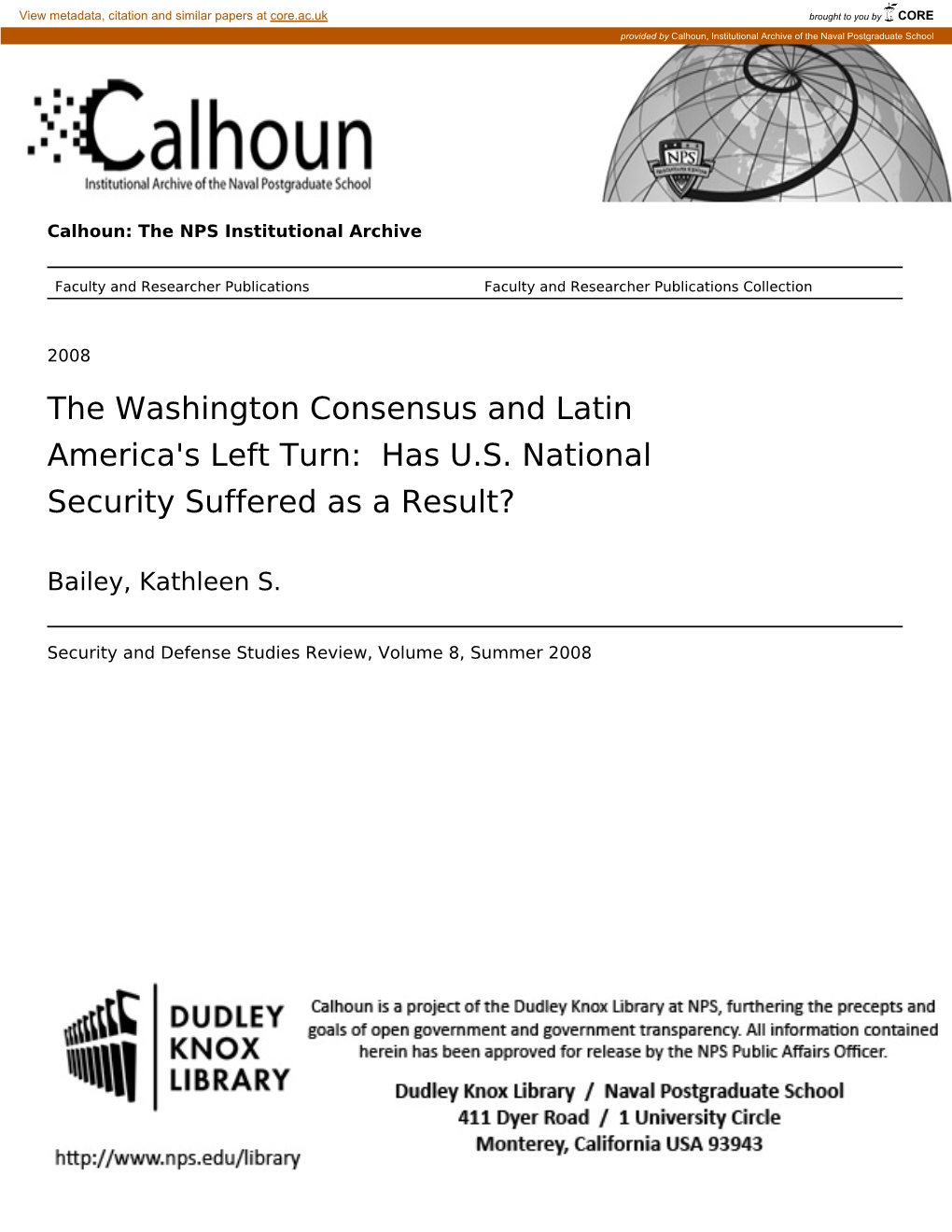 The Washington Consensus and Latin America's Left Turn: Has U.S