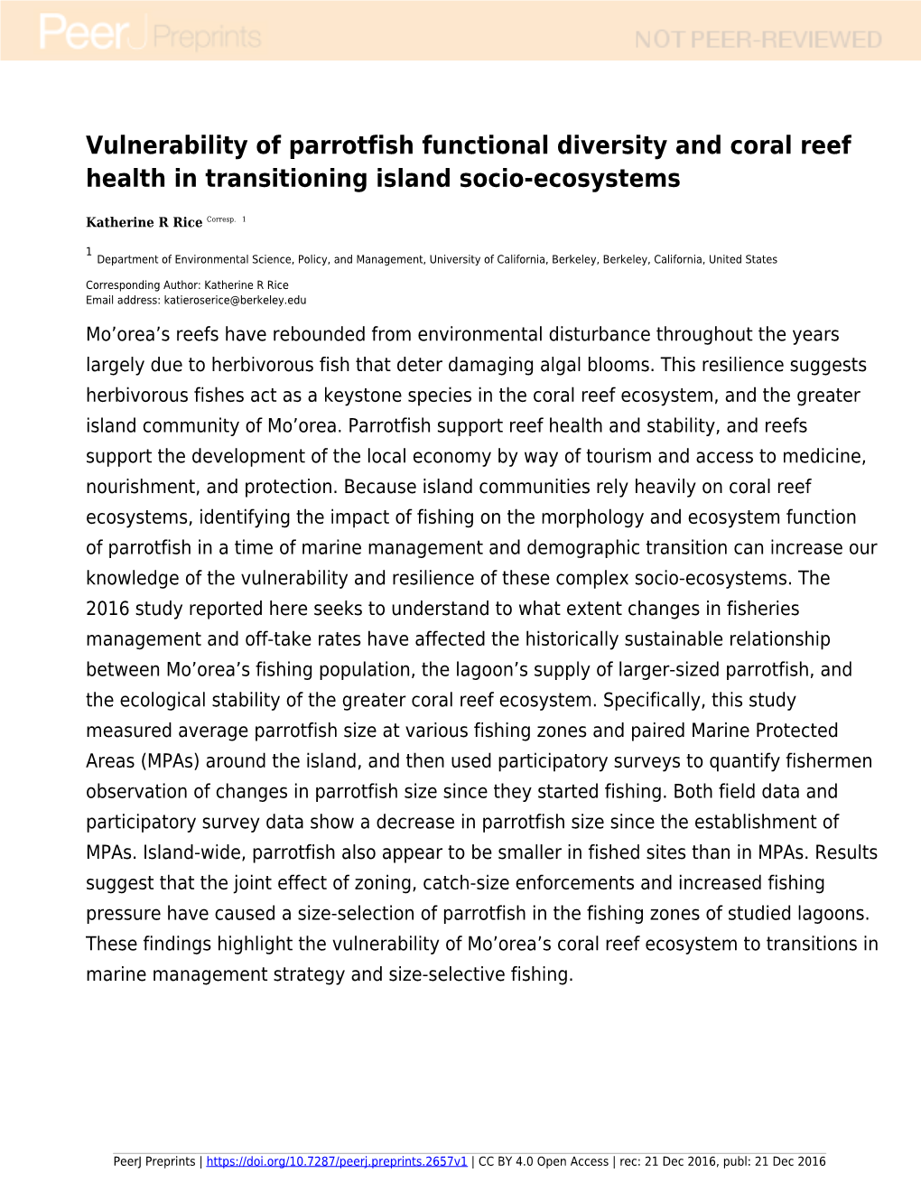 Vulnerability of Parrotfish Functional Diversity and Coral Reef Health in Transitioning Island Socio-Ecosystems