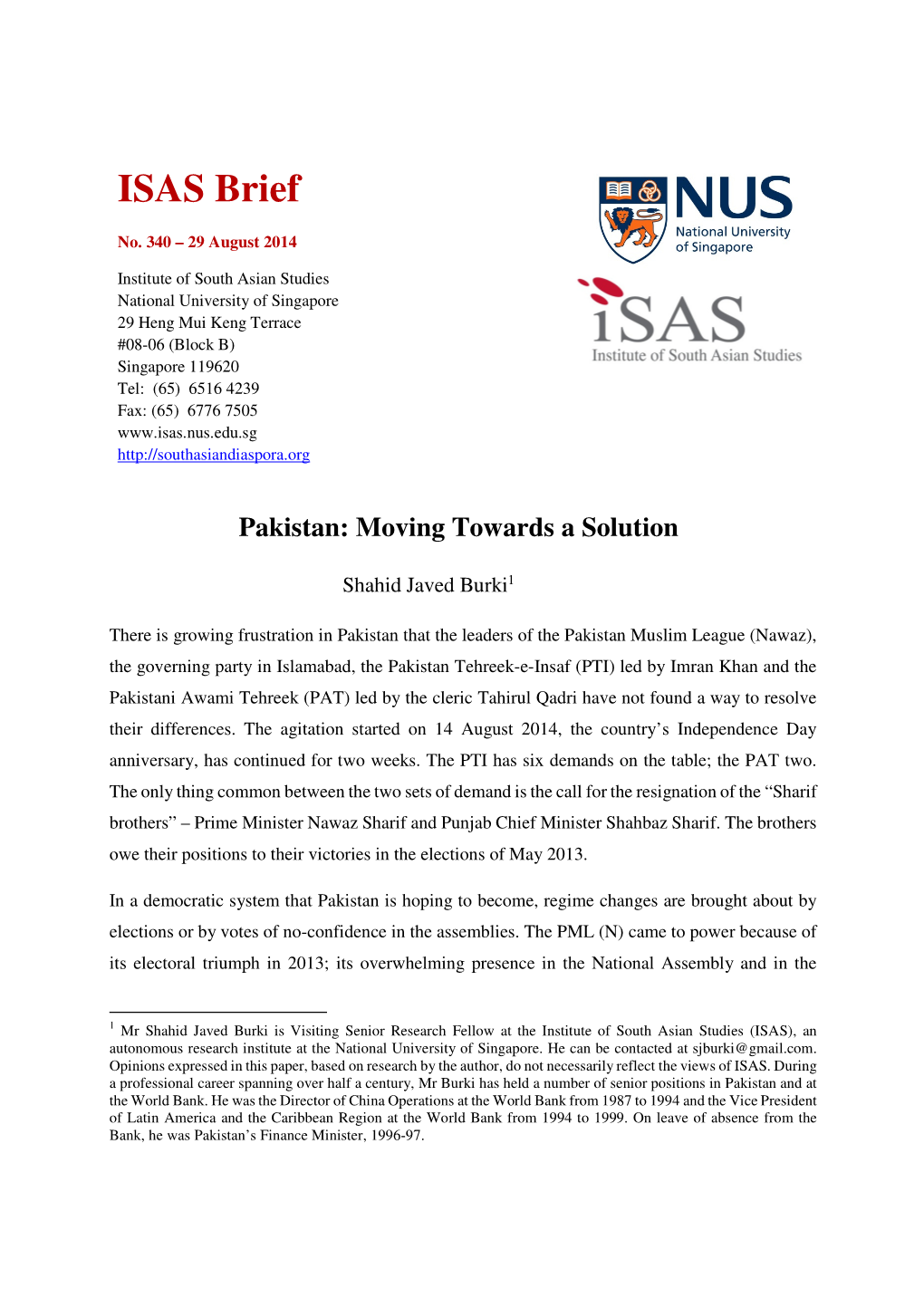 Pakistan: Moving Towards a Solution