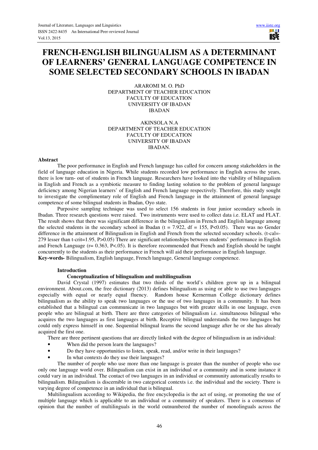 French-English Bilingualism As a Determinant of Learners’ General Language Competence in Some Selected Secondary Schools in Ibadan