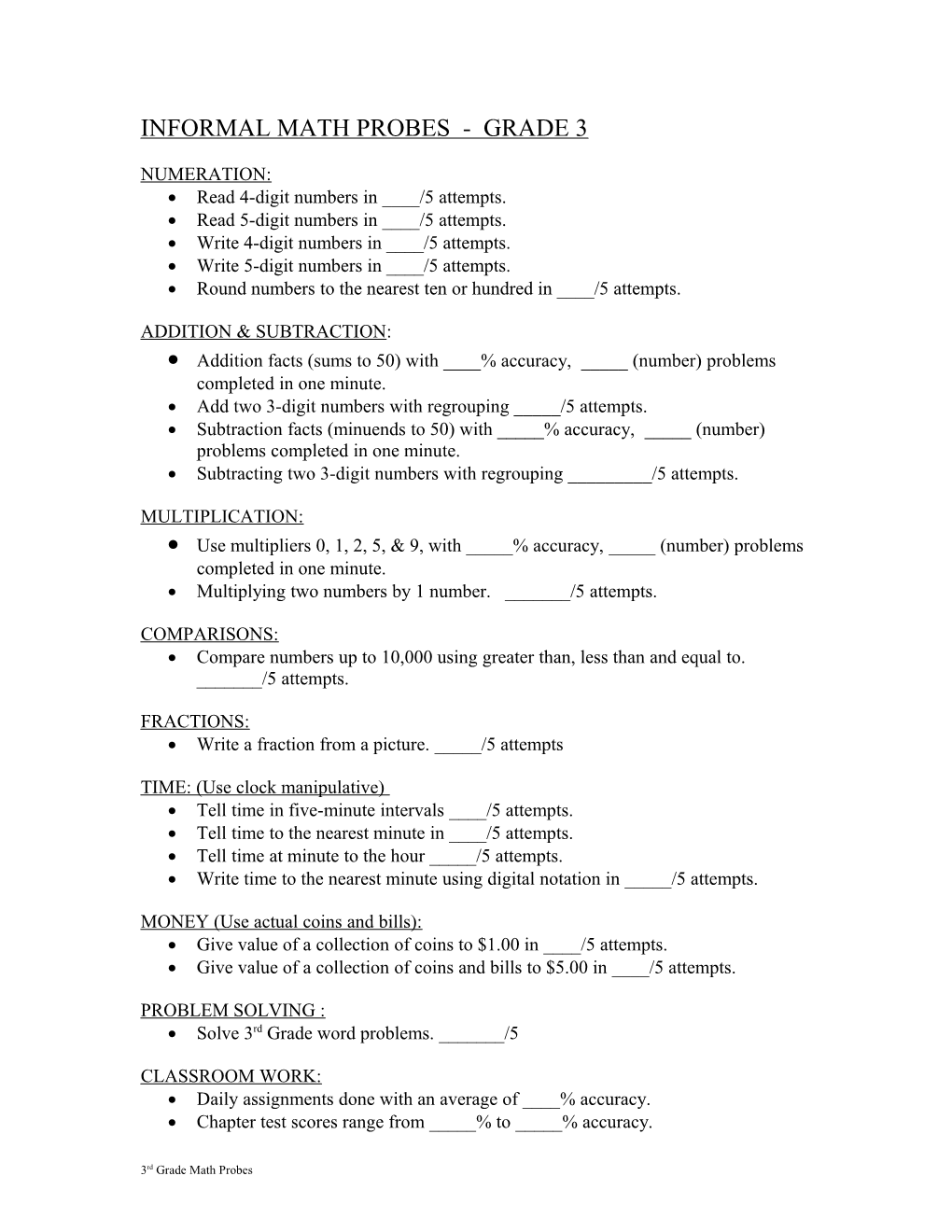 Informal Math Probes - Grade 3