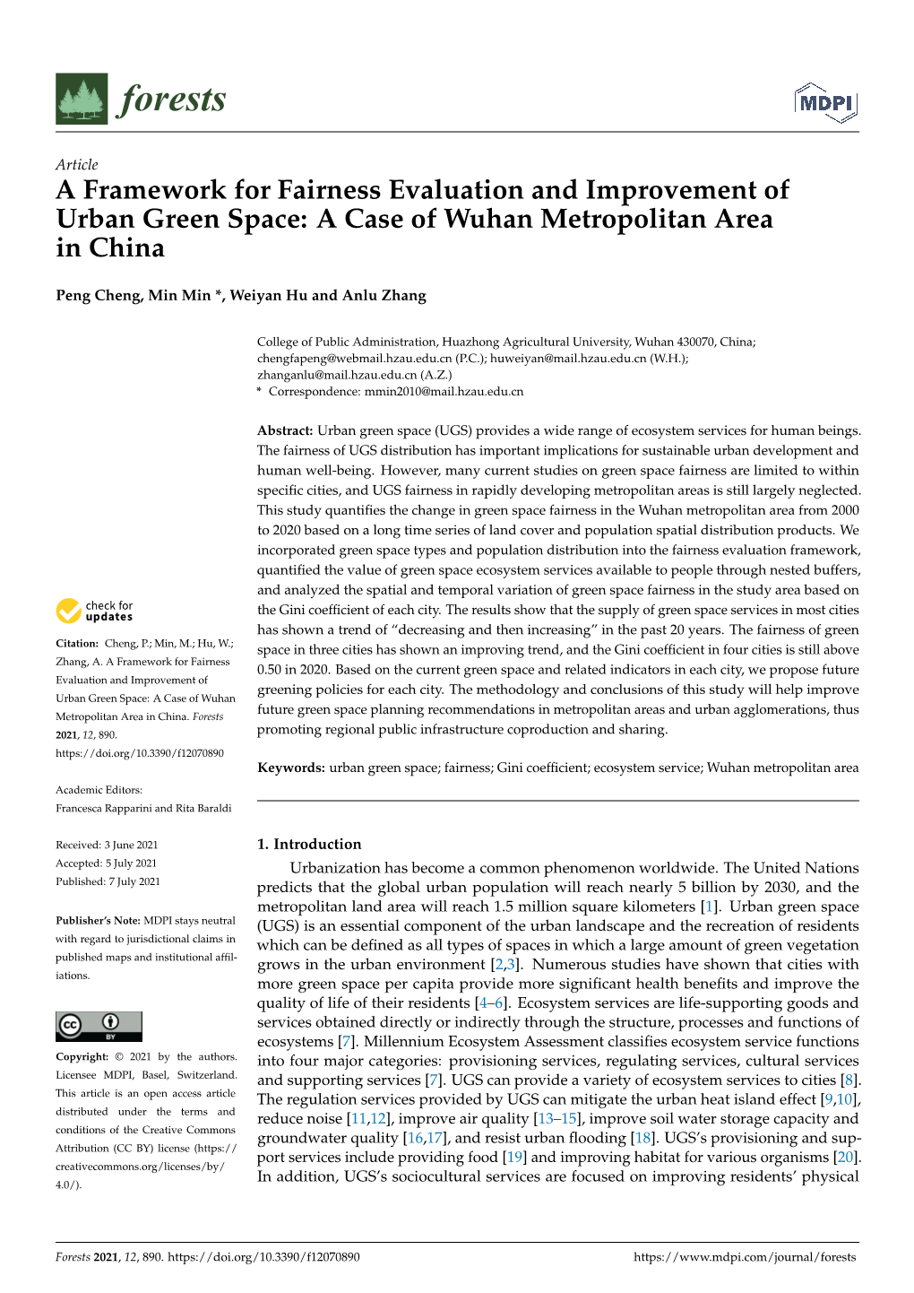 A Framework for Fairness Evaluation and Improvement of Urban Green Space: a Case of Wuhan Metropolitan Area in China