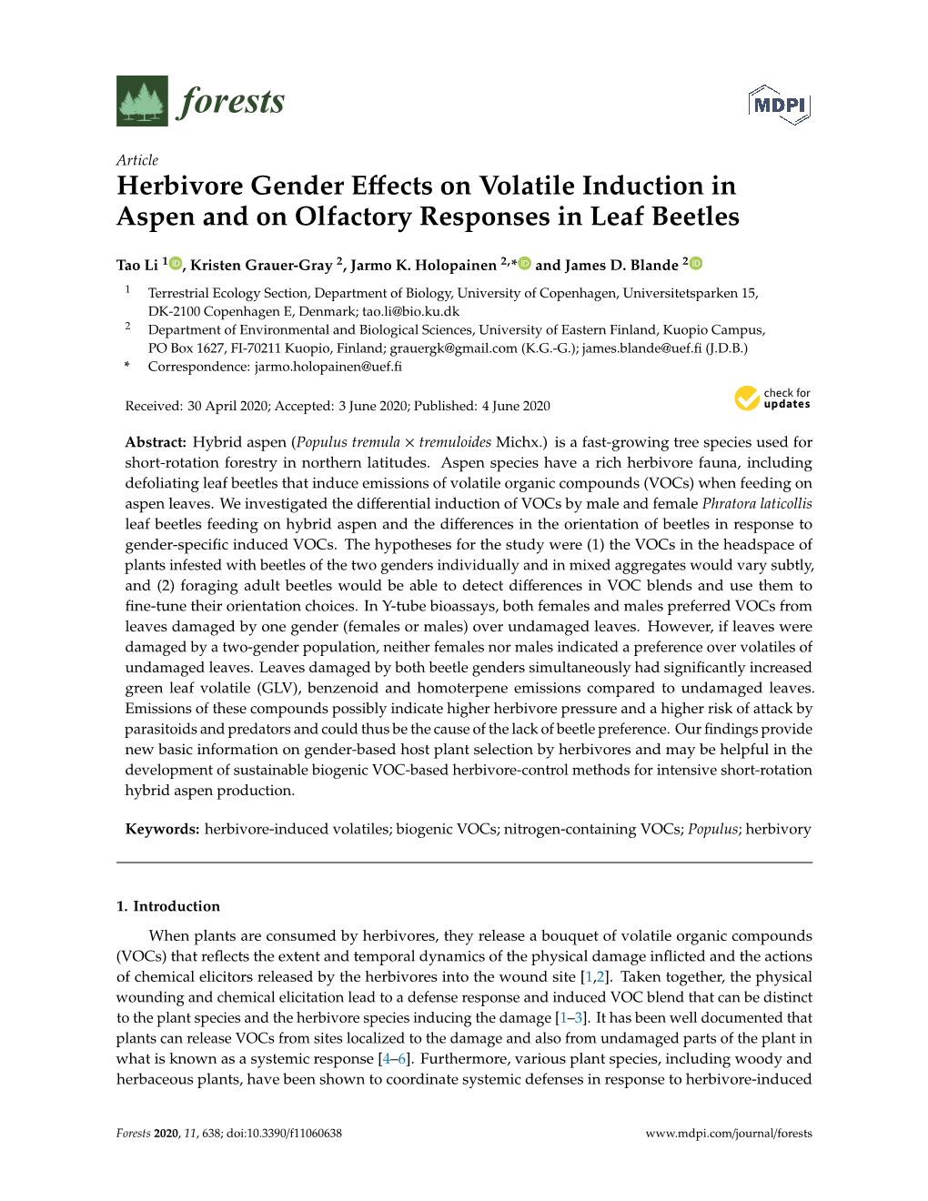 Herbivore Gender Effects on Volatile Induction in Aspen and on Olfactory