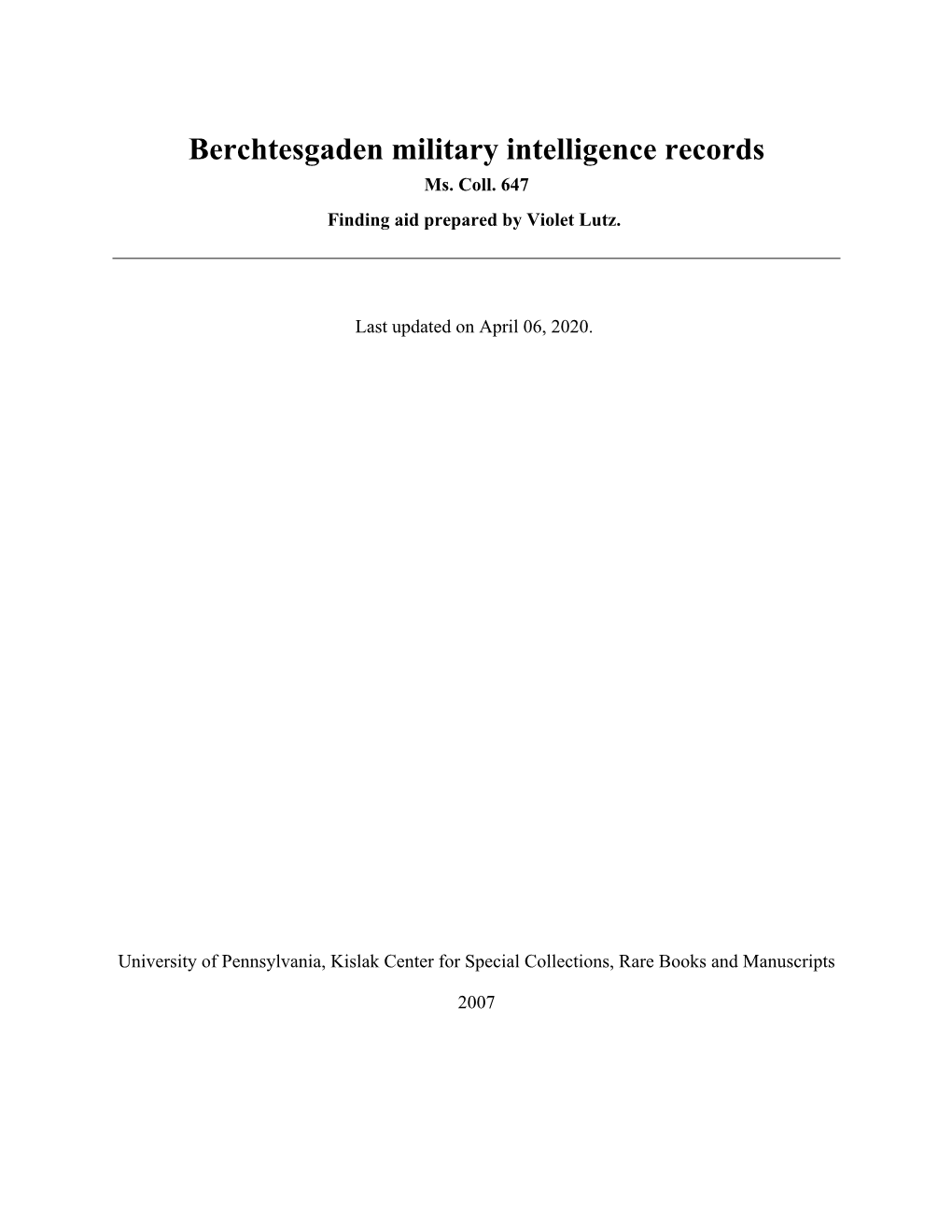 Berchtesgaden Military Intelligence Records Ms