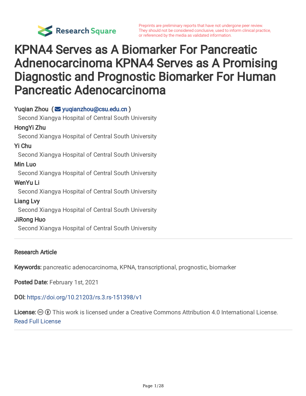 KPNA4 Serves As a Biomarker for Pancreatic Adnenocarcinoma KPNA4 Serves As a Promising Diagnostic and Prognostic Biomarker for Human Pancreatic Adenocarcinoma
