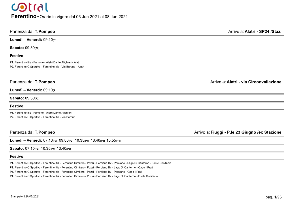 Ferentino-Orario in Vigore Dal 03 Jun 2021 Al 08 Jun