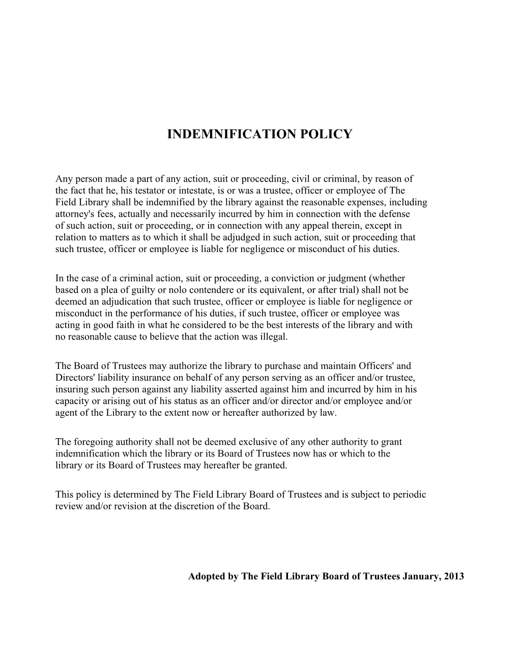 Indemnification Policy