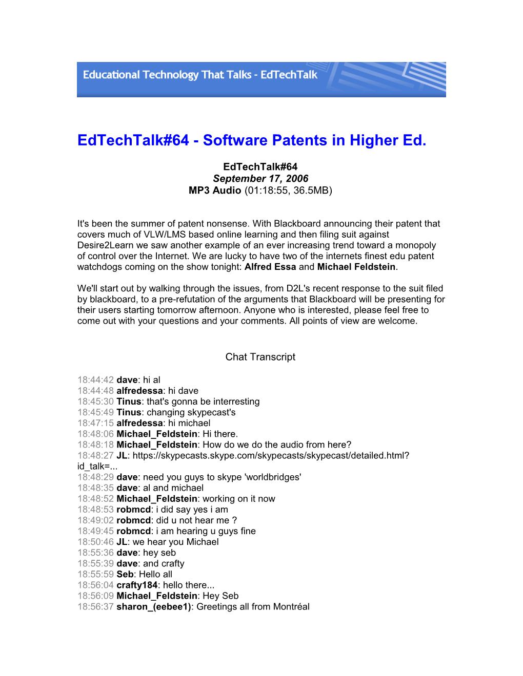 Edtechtalk#64 - Software Patents in Higher Ed