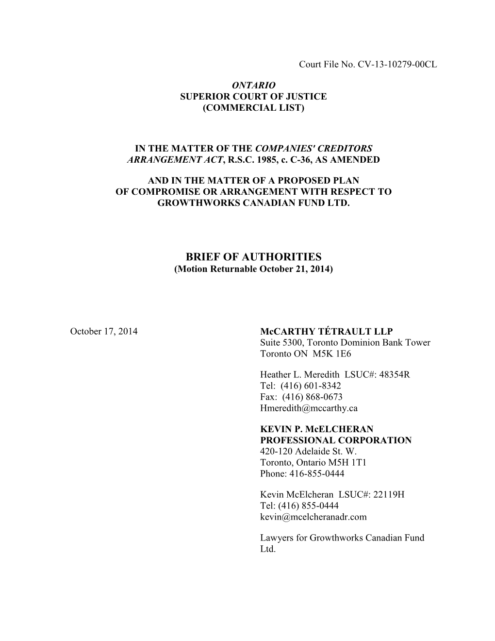 BRIEF of AUTHORITIES (Motion Returnable October 21, 2014)