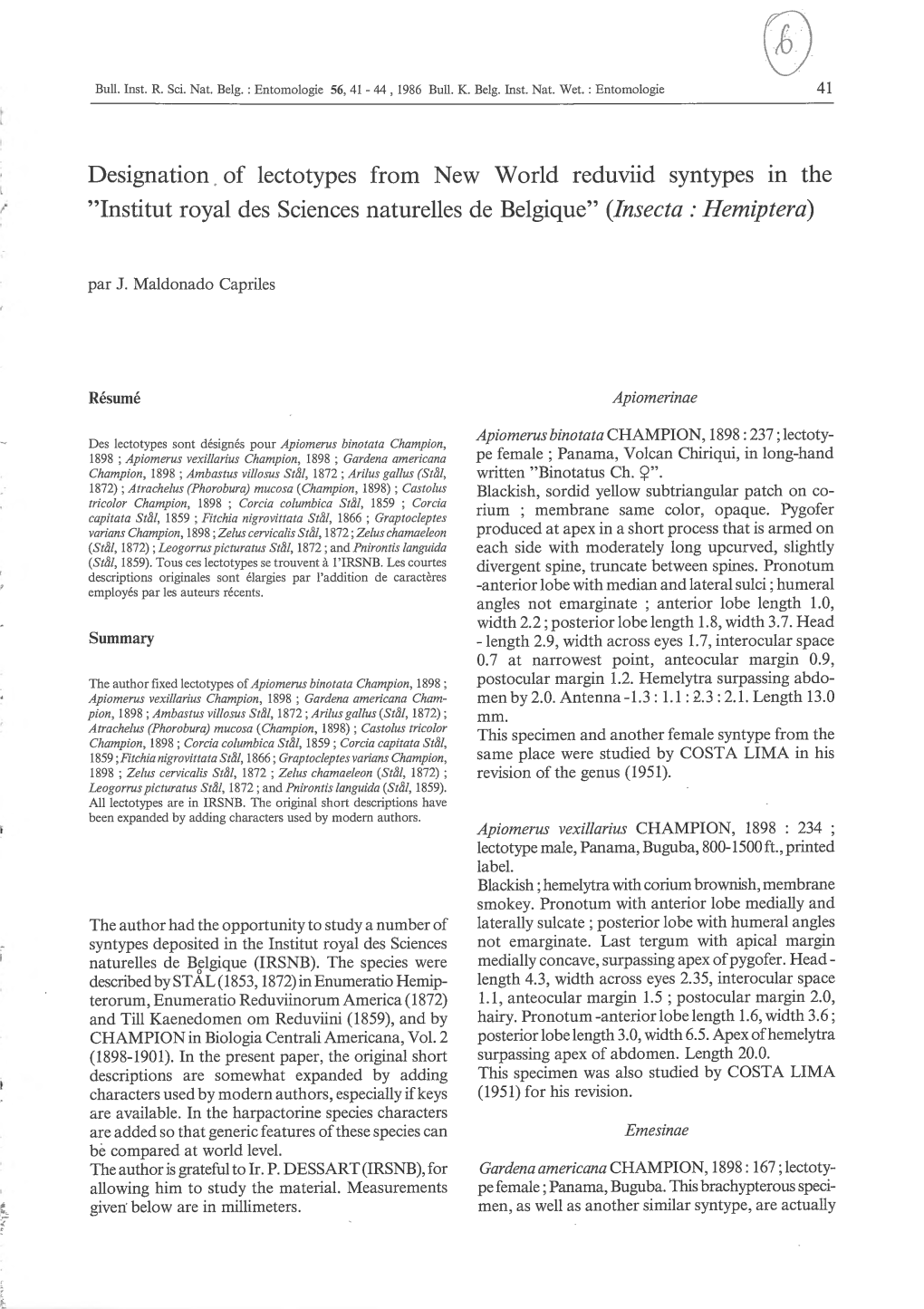 Désignation of Lectotypes from New World Reduviid Belgique" (Insecta : Hemiptera)