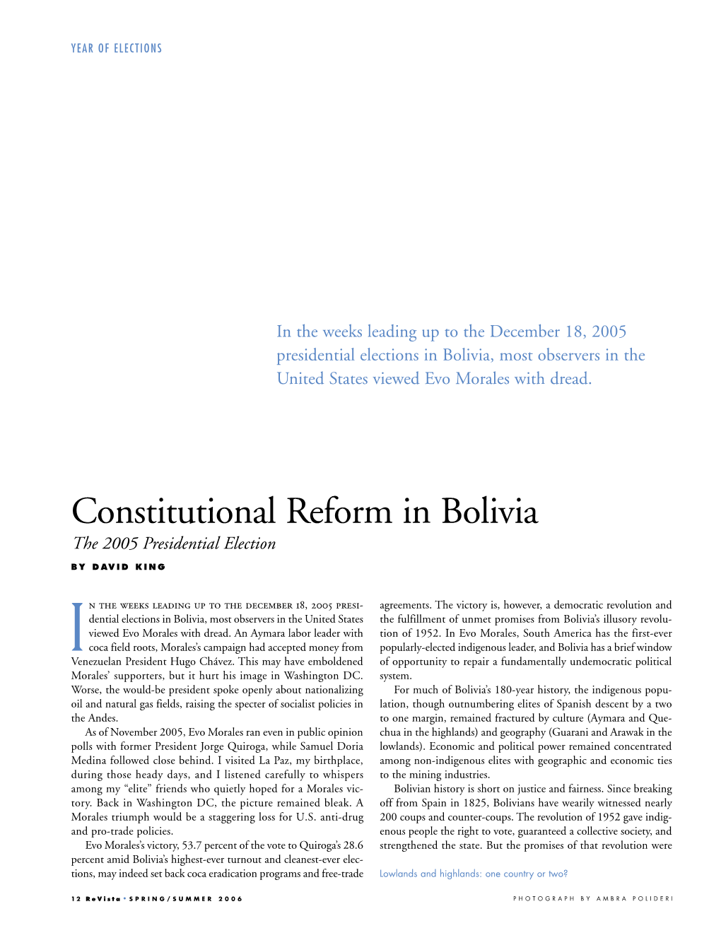 The 2005 Presidential Election and Constitutional Reform in Bolivia