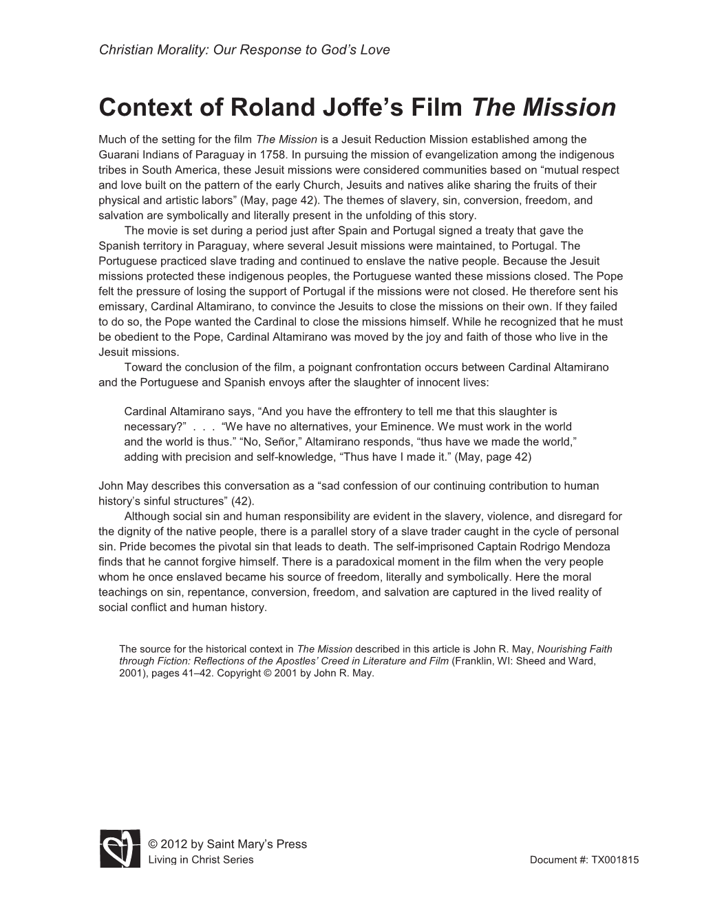 Context of Roland Joffe's Film the Mission