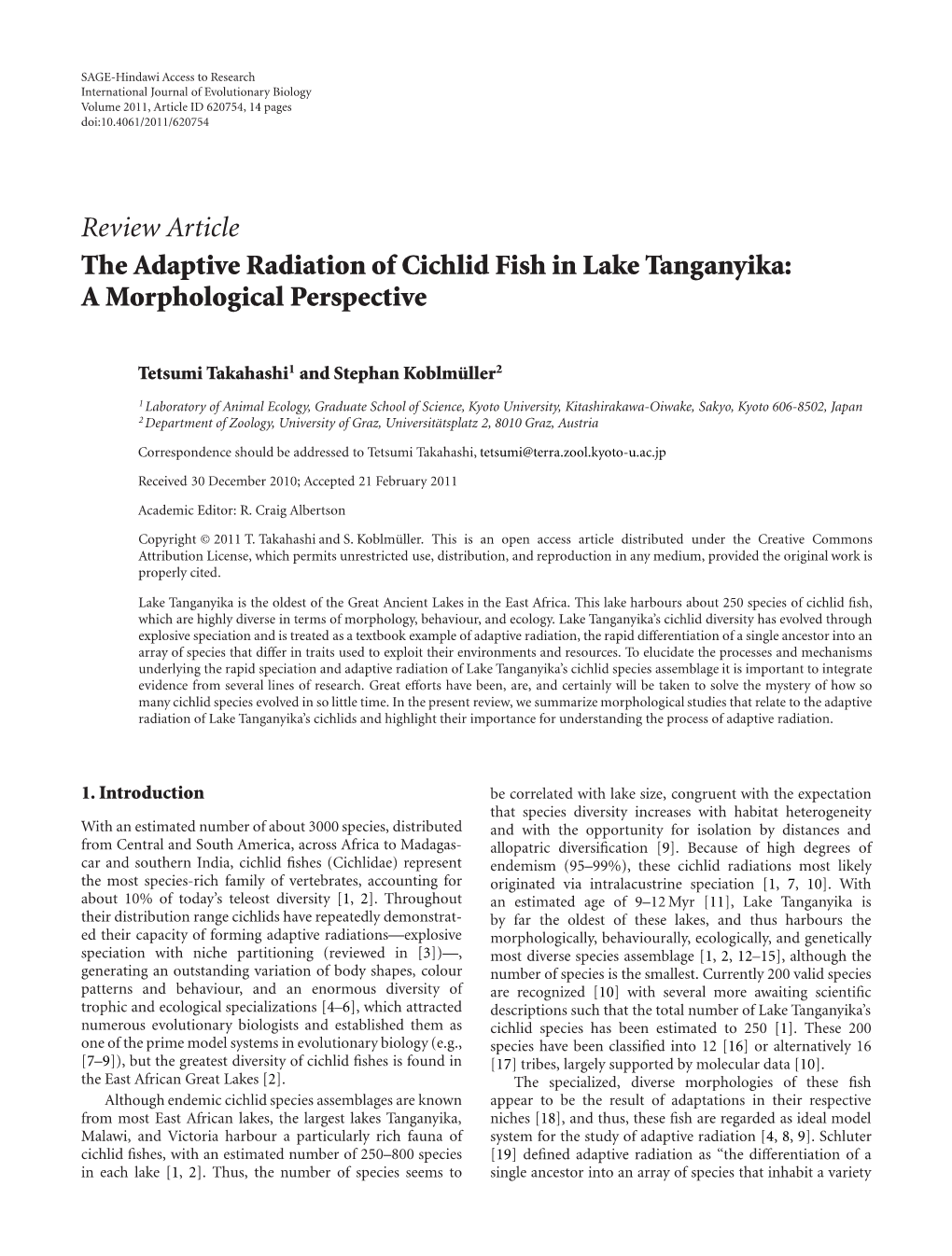 Review Article the Adaptive Radiation of Cichlid Fish in Lake Tanganyika: a Morphological Perspective