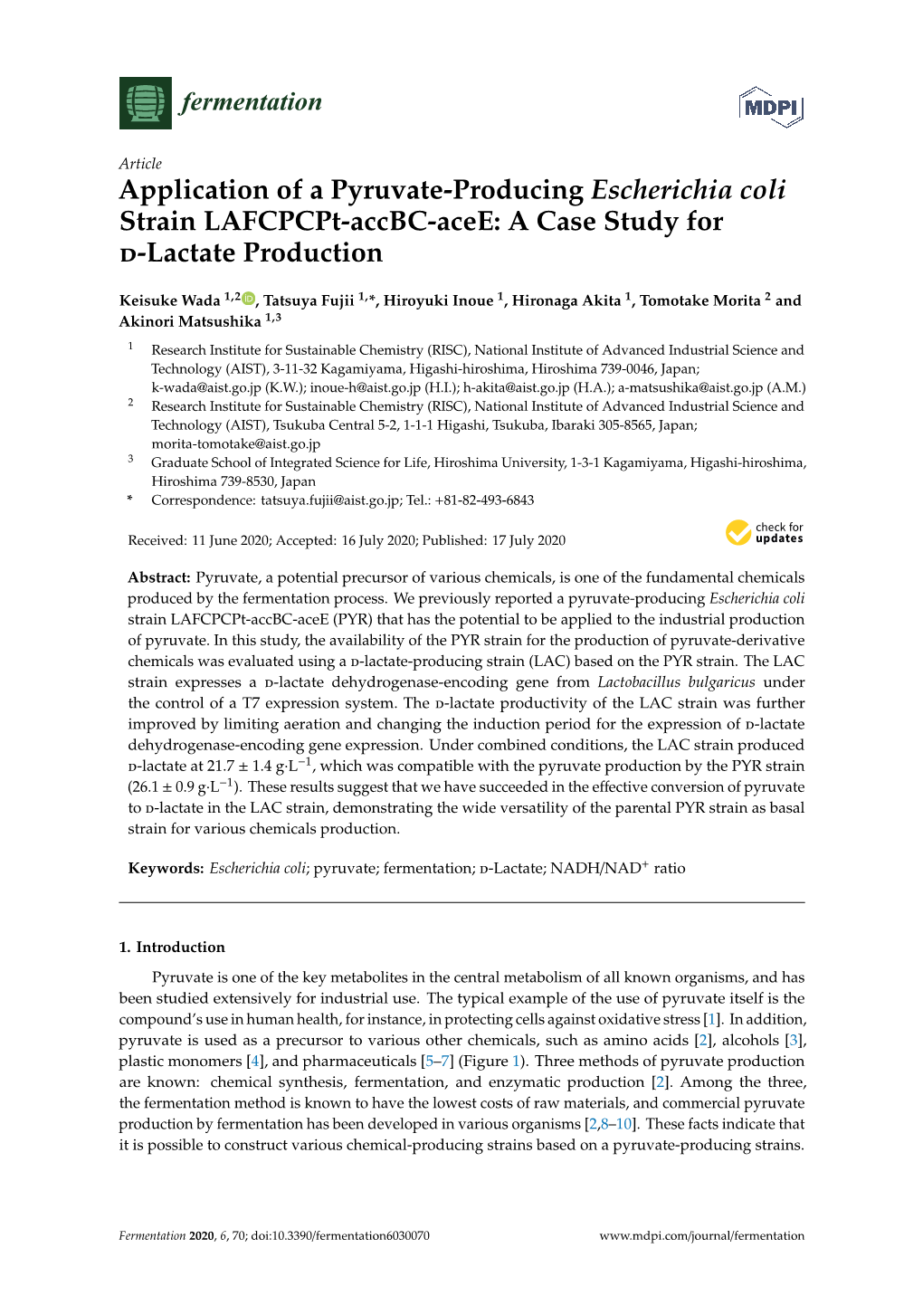 Application of a Pyruvate-Producing Escherichia Coli Strain Lafcpcpt-Accbc-Acee: a Case Study for D-Lactate Production