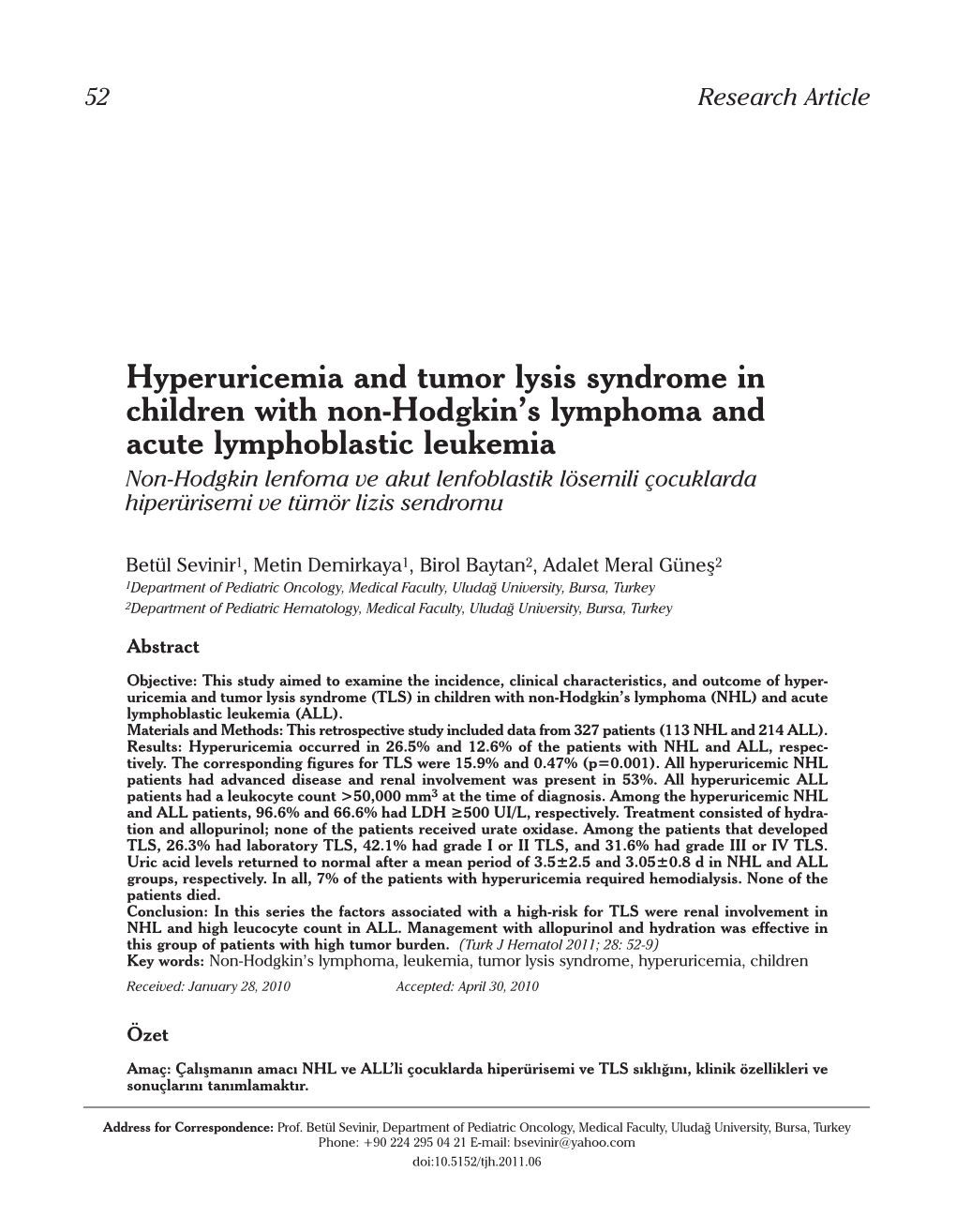 Hyperuricemia and Tumor Lysis Syndrome in Children with Non