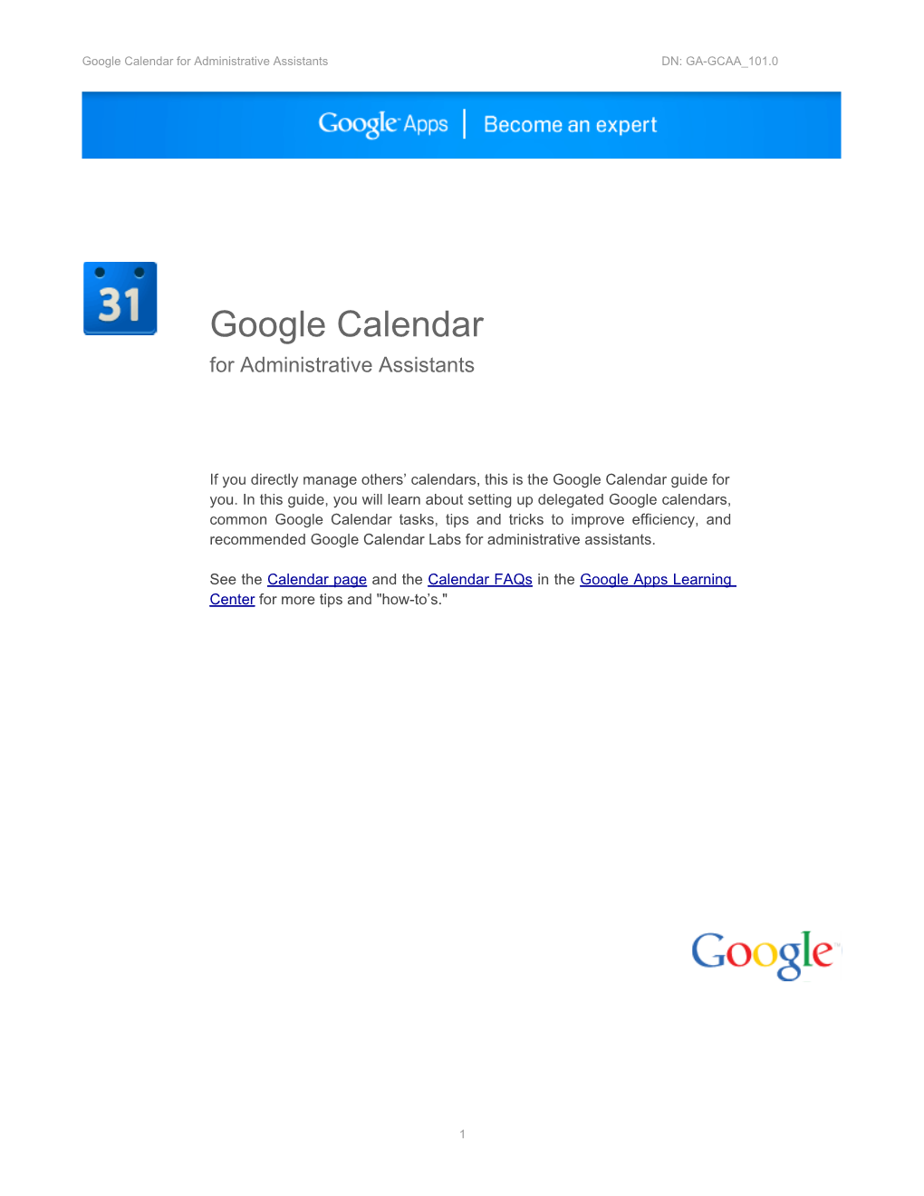 Google Calendar for Administrative Assistants DN: GA-GCAA 101.0