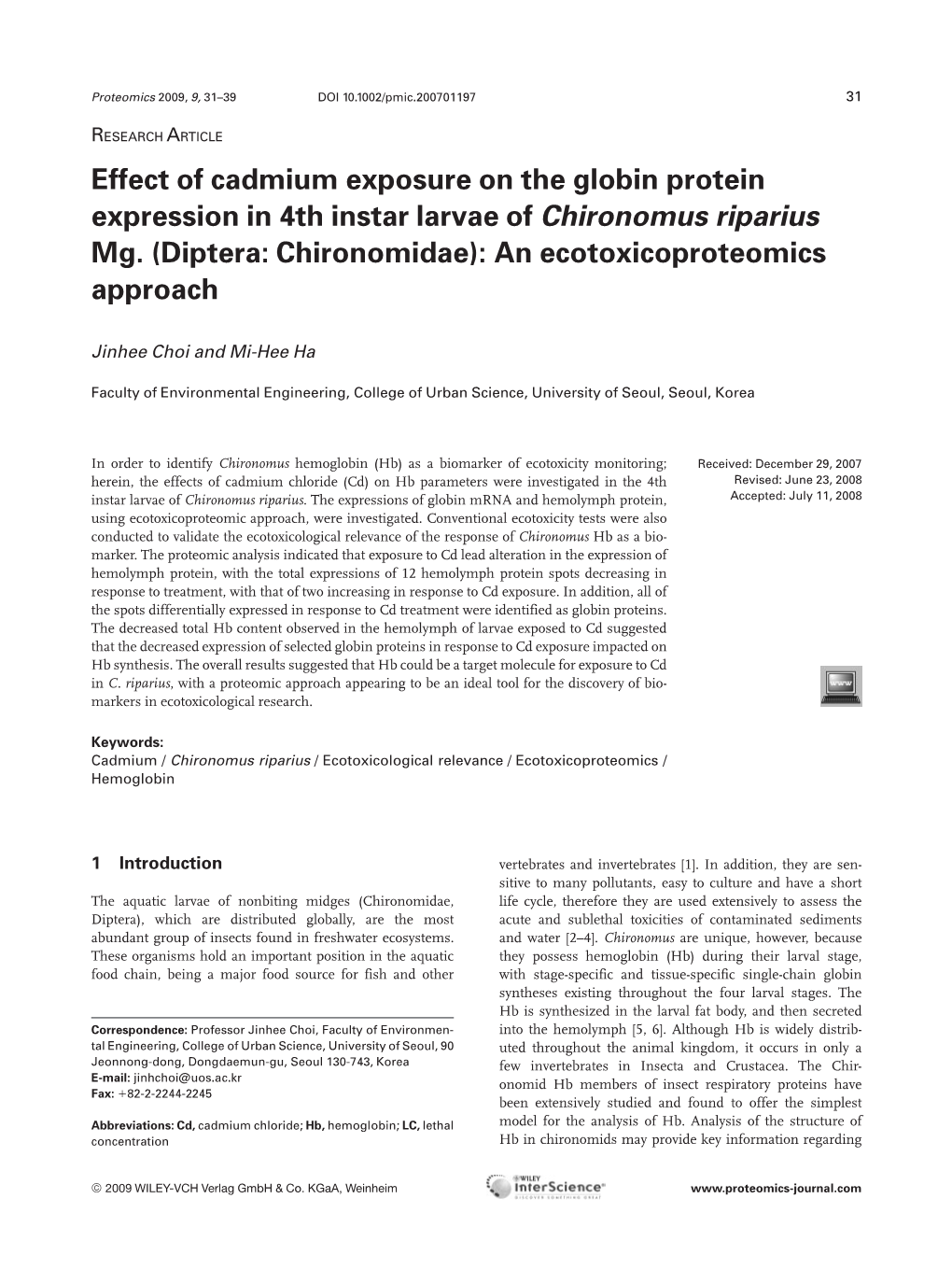 Effect of Cadmium Exposure on the Globin Protein Expression in 4Th Instar Larvae of Chironomus Riparius Mg