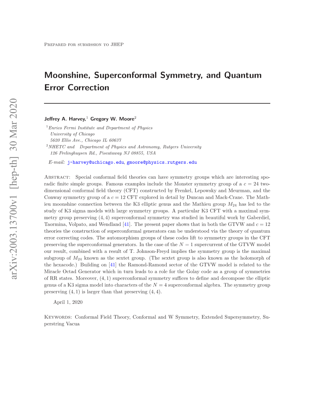 Moonshine, Superconformal Symmetry, and Quantum Error