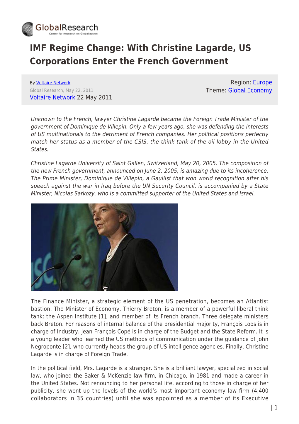 IMF Regime Change: with Christine Lagarde, US Corporations Enter the French Government