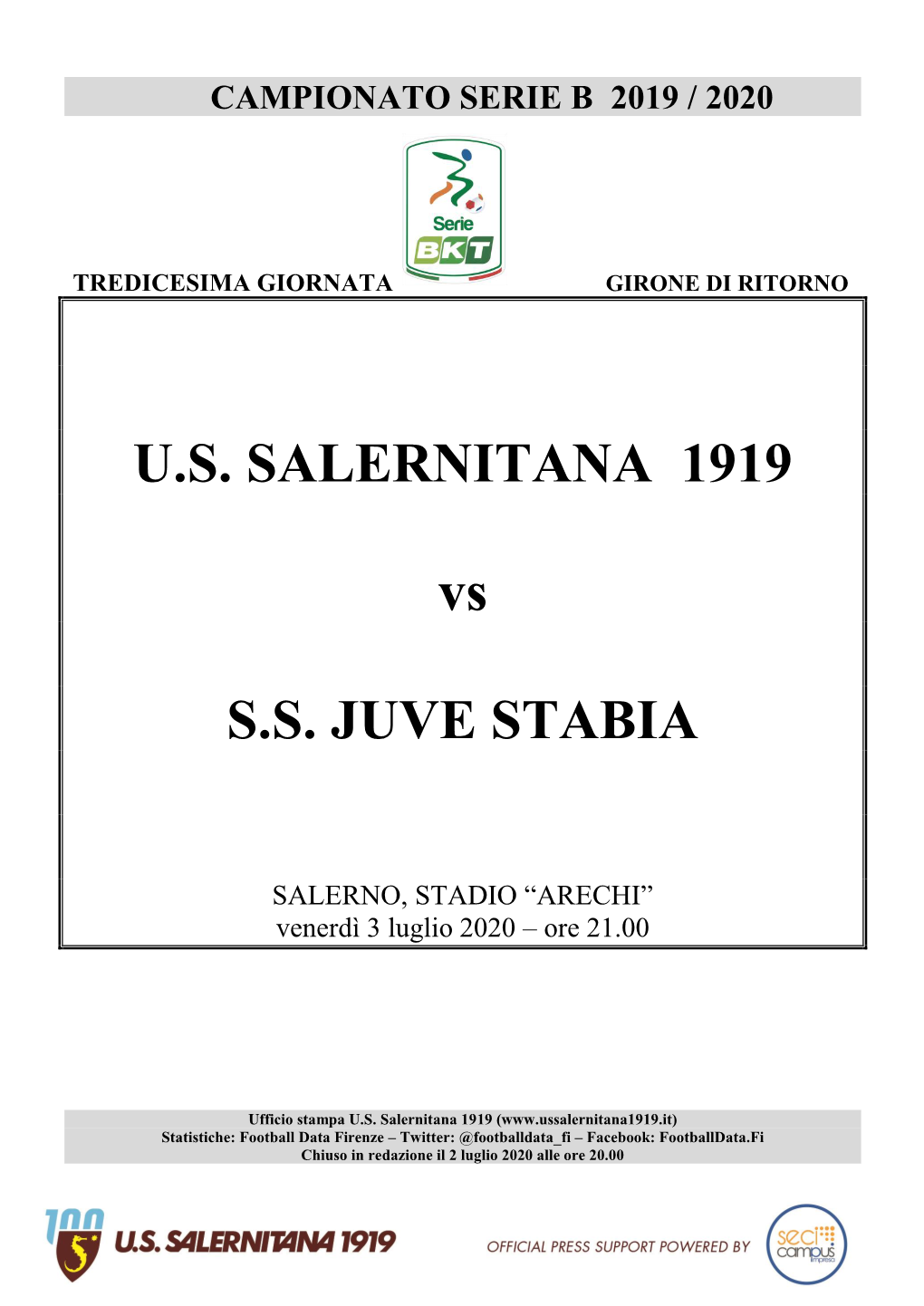 U.S. SALERNITANA 1919 Vs S.S. JUVE STABIA