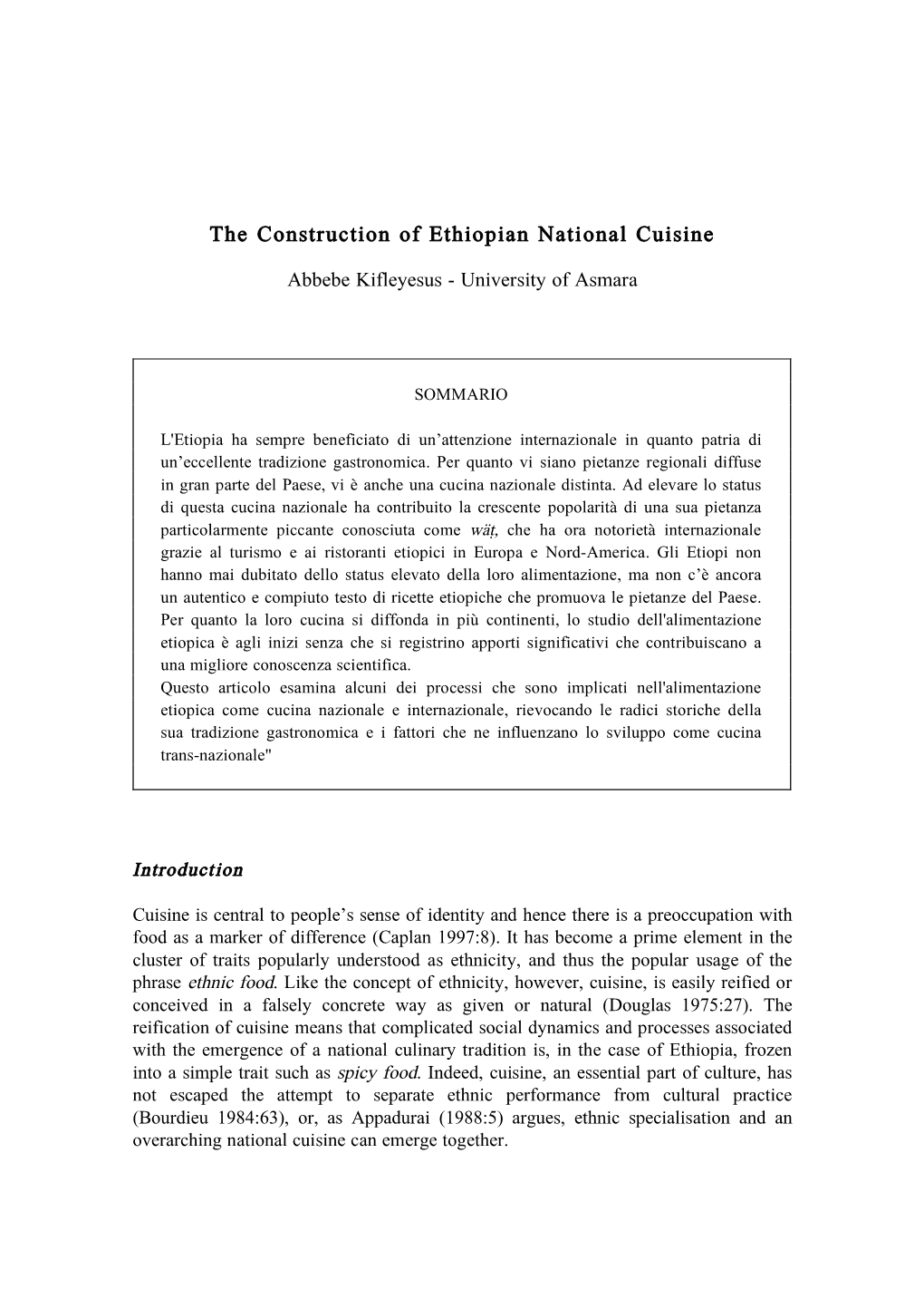 The Construction of Ethiopian National Cuisine