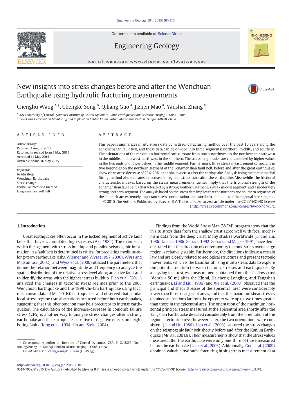 New Insights Into Stress Changes Before and After the Wenchuan Earthquake Using Hydraulic Fracturing Measurements