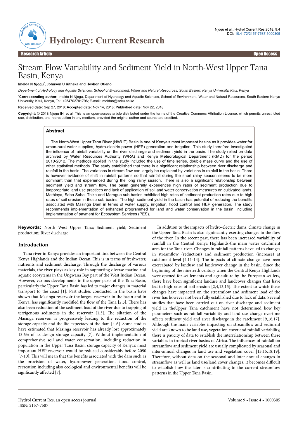 Stream Flow Variability and Sediment Yield In