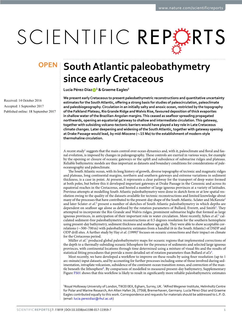 South Atlantic Paleobathymetry Since Early Cretaceous Lucía Pérez-Díaz 1 & Graeme Eagles2