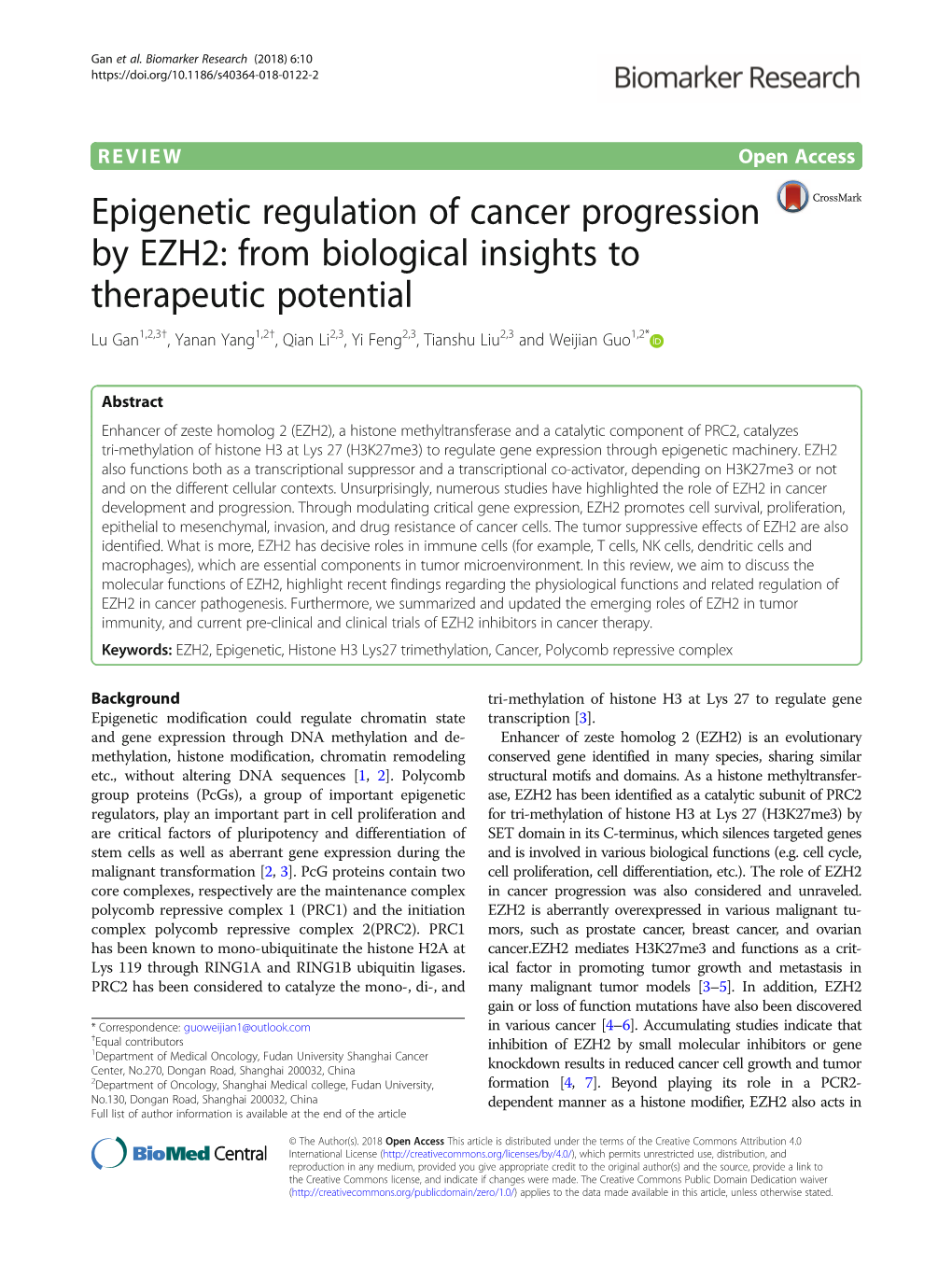 Epigenetic Regulation of Cancer Progression by EZH2: from Biological Insights to Therapeutic Potential