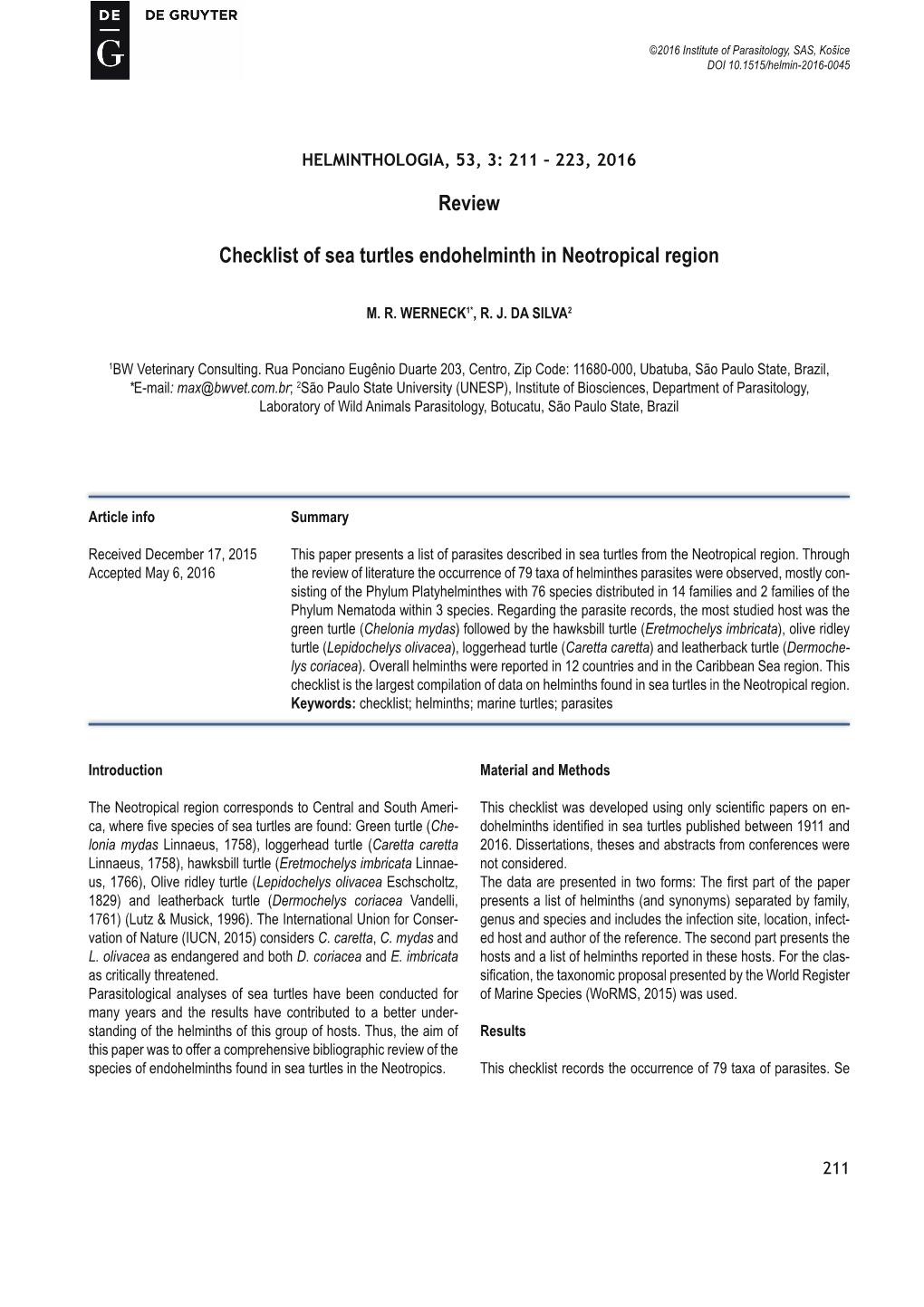 Review Checklist of Sea Turtles Endohelminth in Neotropical Region