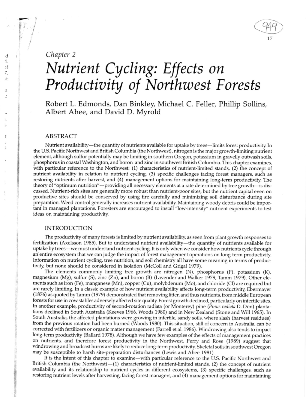 Nutrient Cycling: Effects on Productivity of Northwest Forests 19