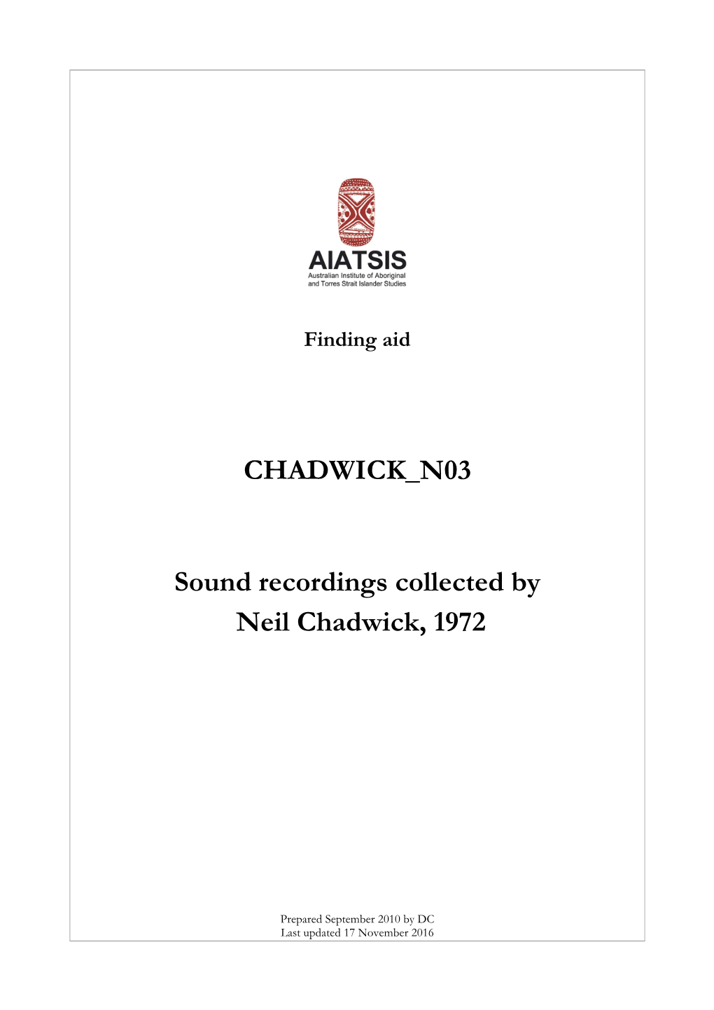 Guide to Sound Recordings Colloected by Neil Chadwick, 1972