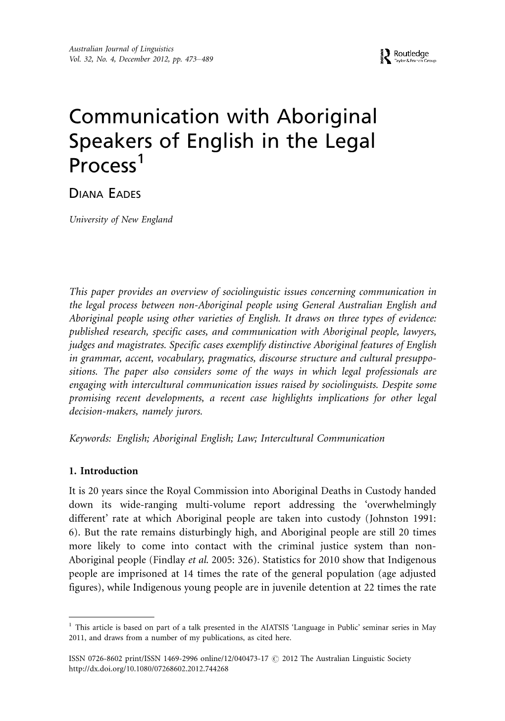 Communication with Aboriginal Speakers of English in the Legal Process1