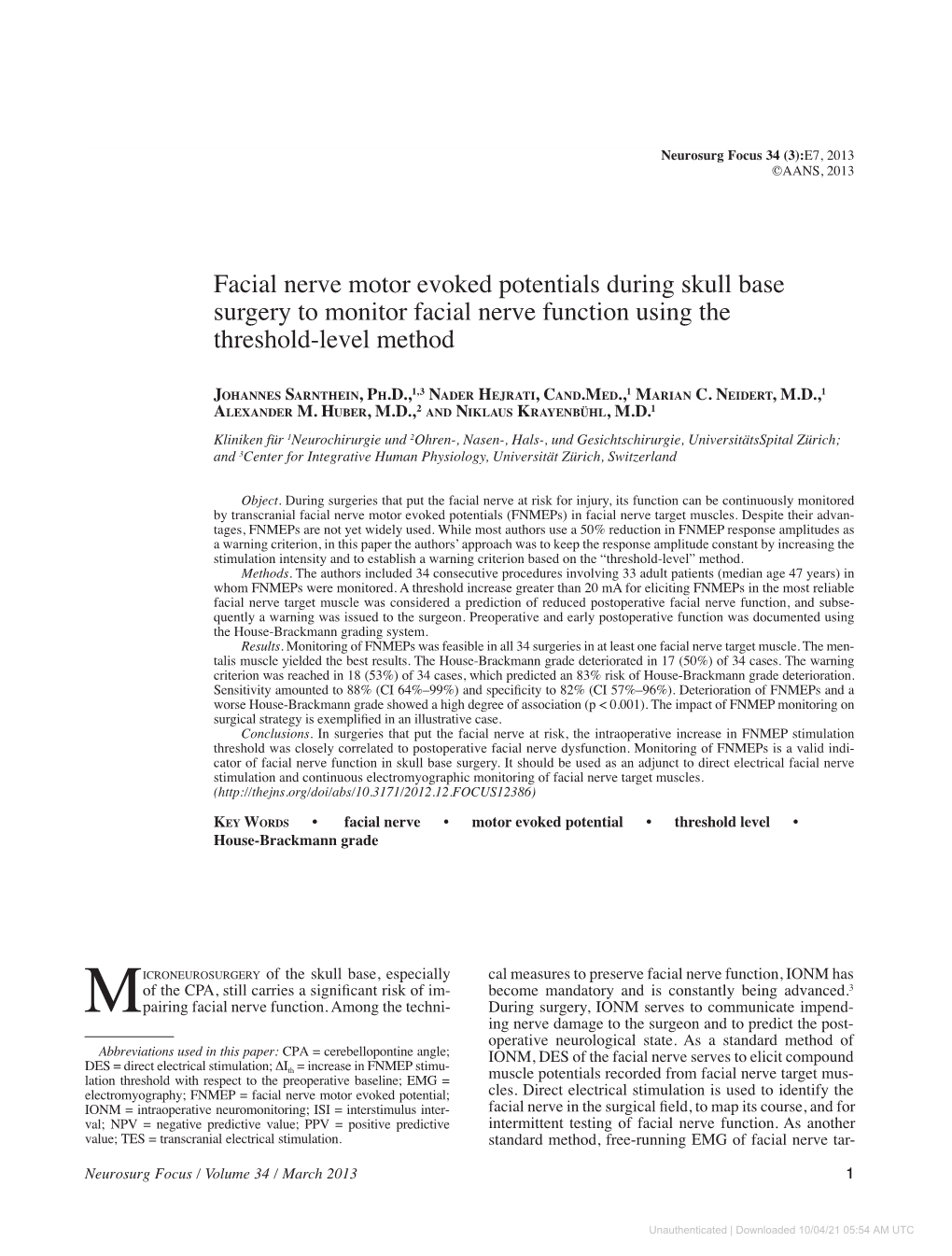 Facial Nerve Motor Evoked Potentials During Skull Base Surgery to Monitor Facial Nerve Function Using the Threshold-Level Method