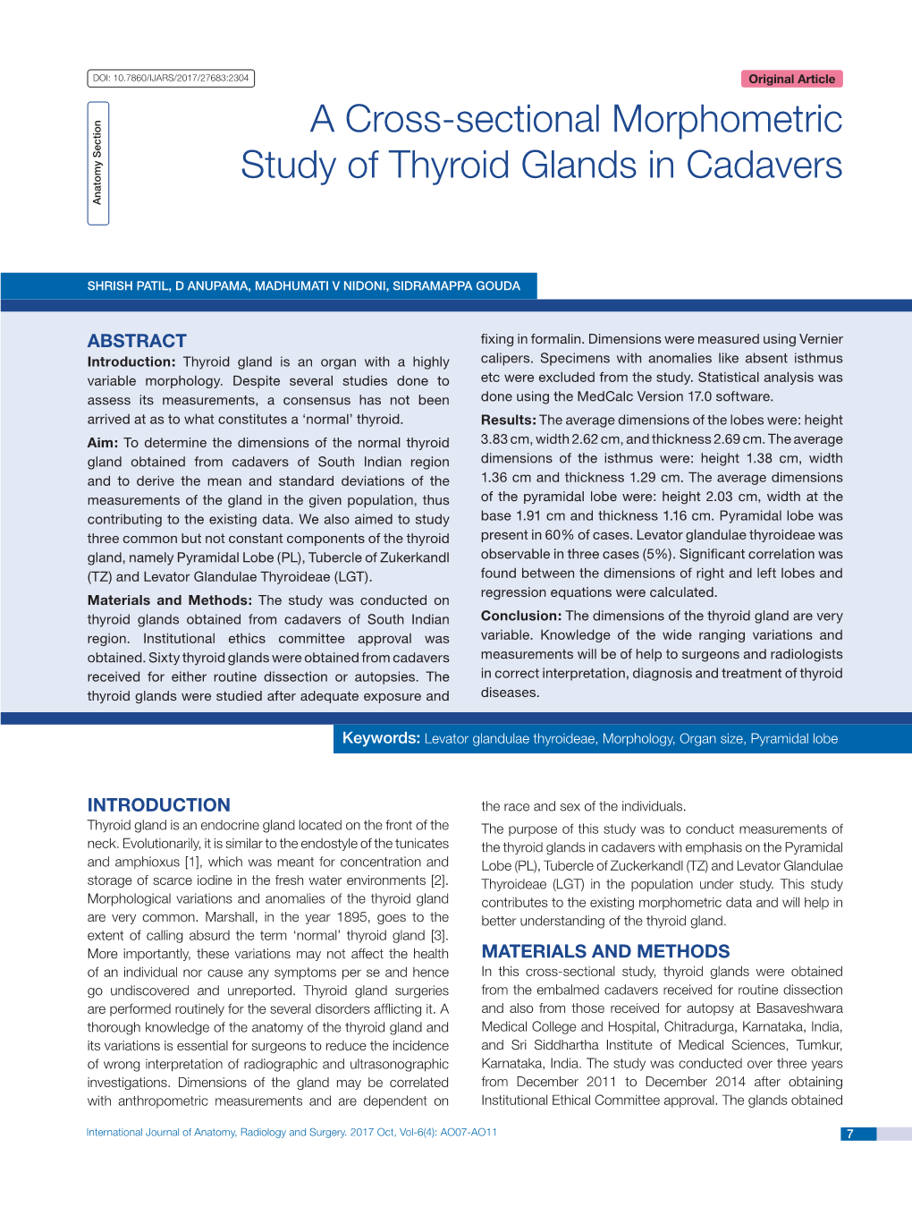 A Cross-Sectional Morphometric Study of Thyroid Glands in Cadavers Anatomy Section