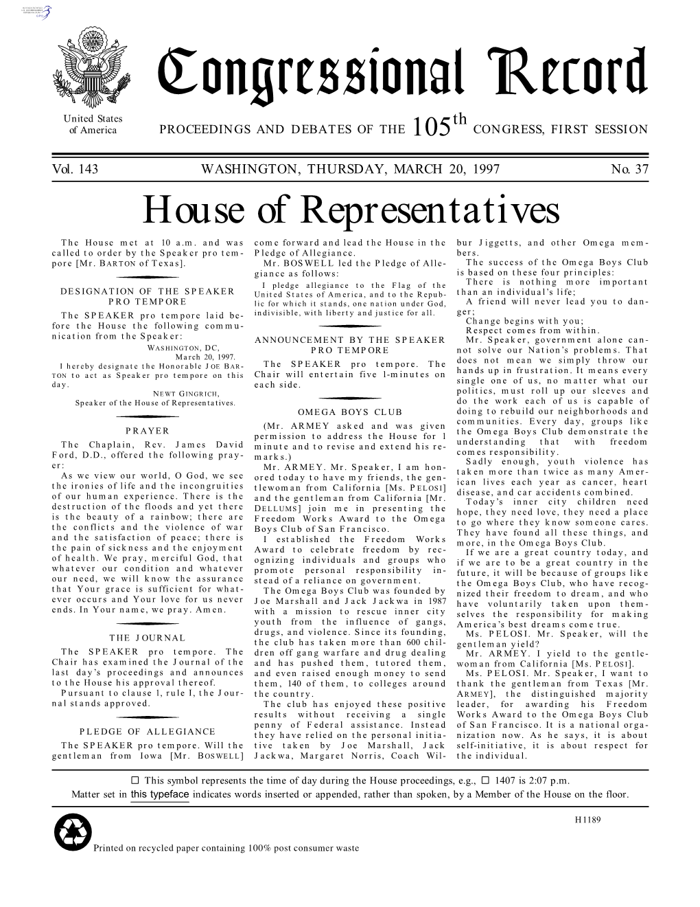 Congressional Record United States Th of America PROCEEDINGS and DEBATES of the 105 CONGRESS, FIRST SESSION