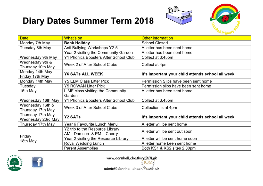 Diary Dates Summer Term 2018