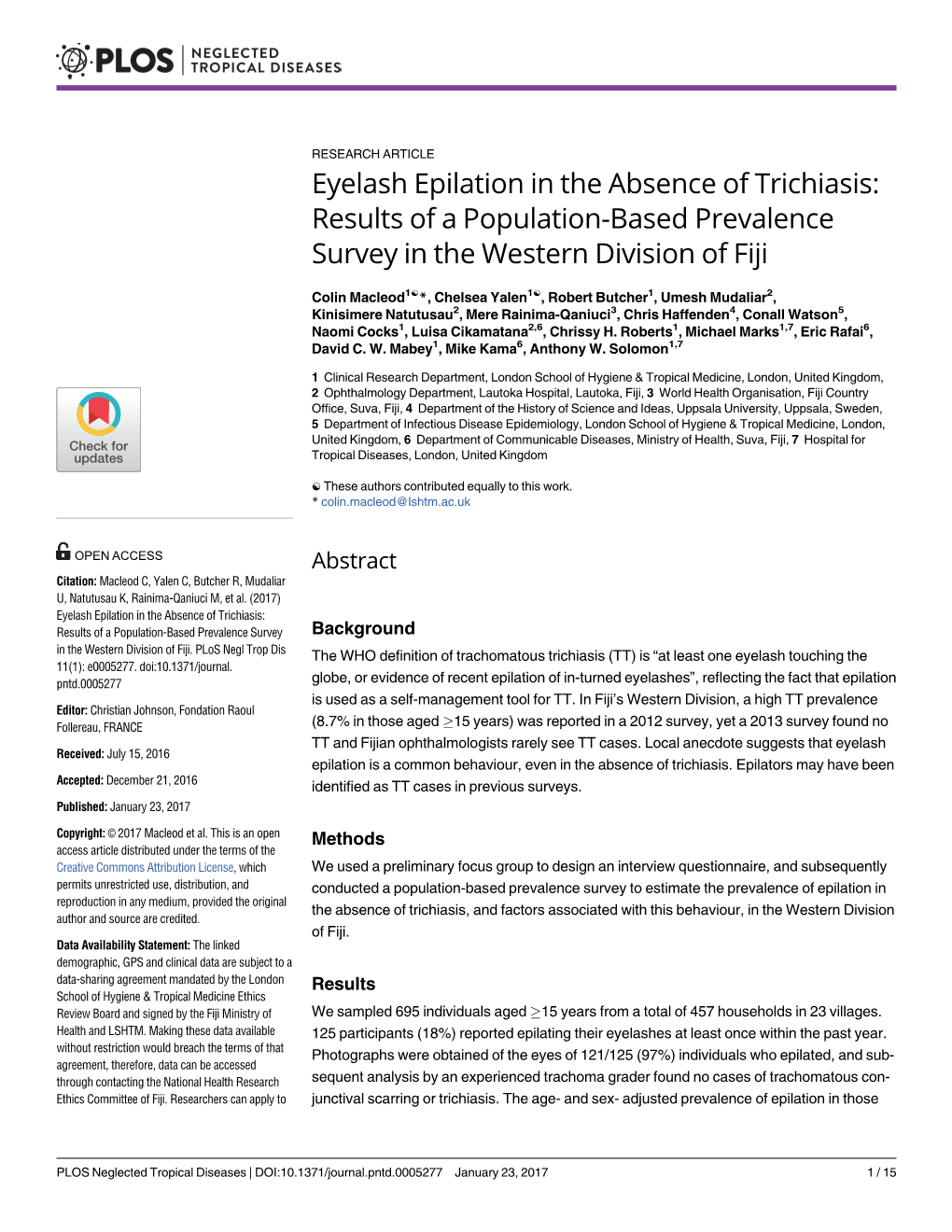 Eyelash Epilation in the Absence of Trichiasis: Results of a Population-Based Prevalence Survey in the Western Division of Fiji