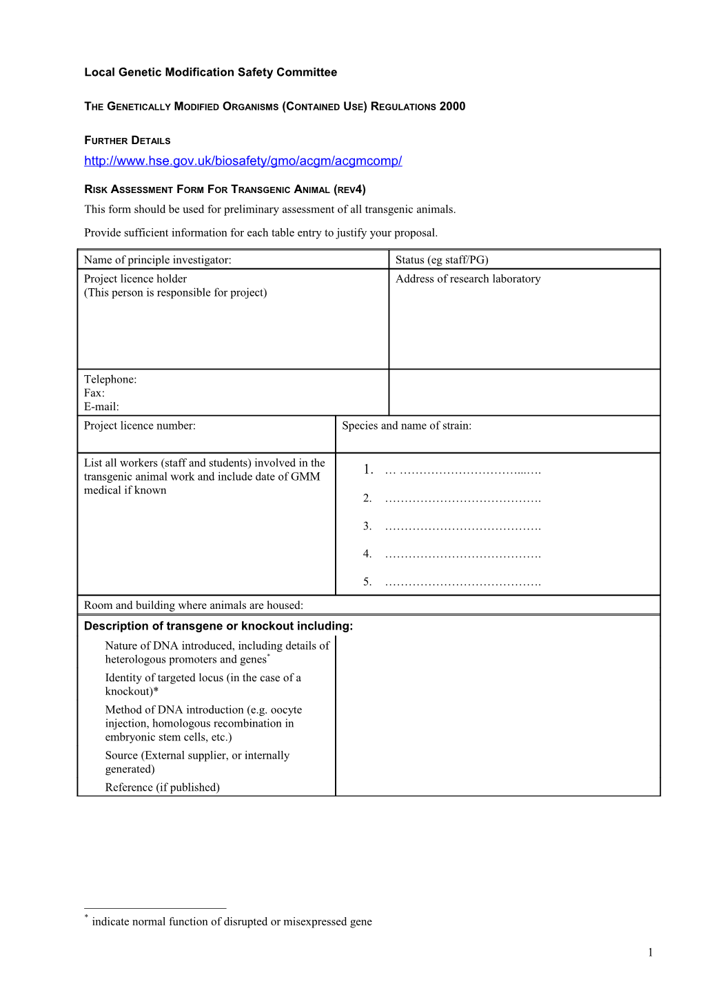 Local and Level 1 Risk Assessment Form for Genetic Modification