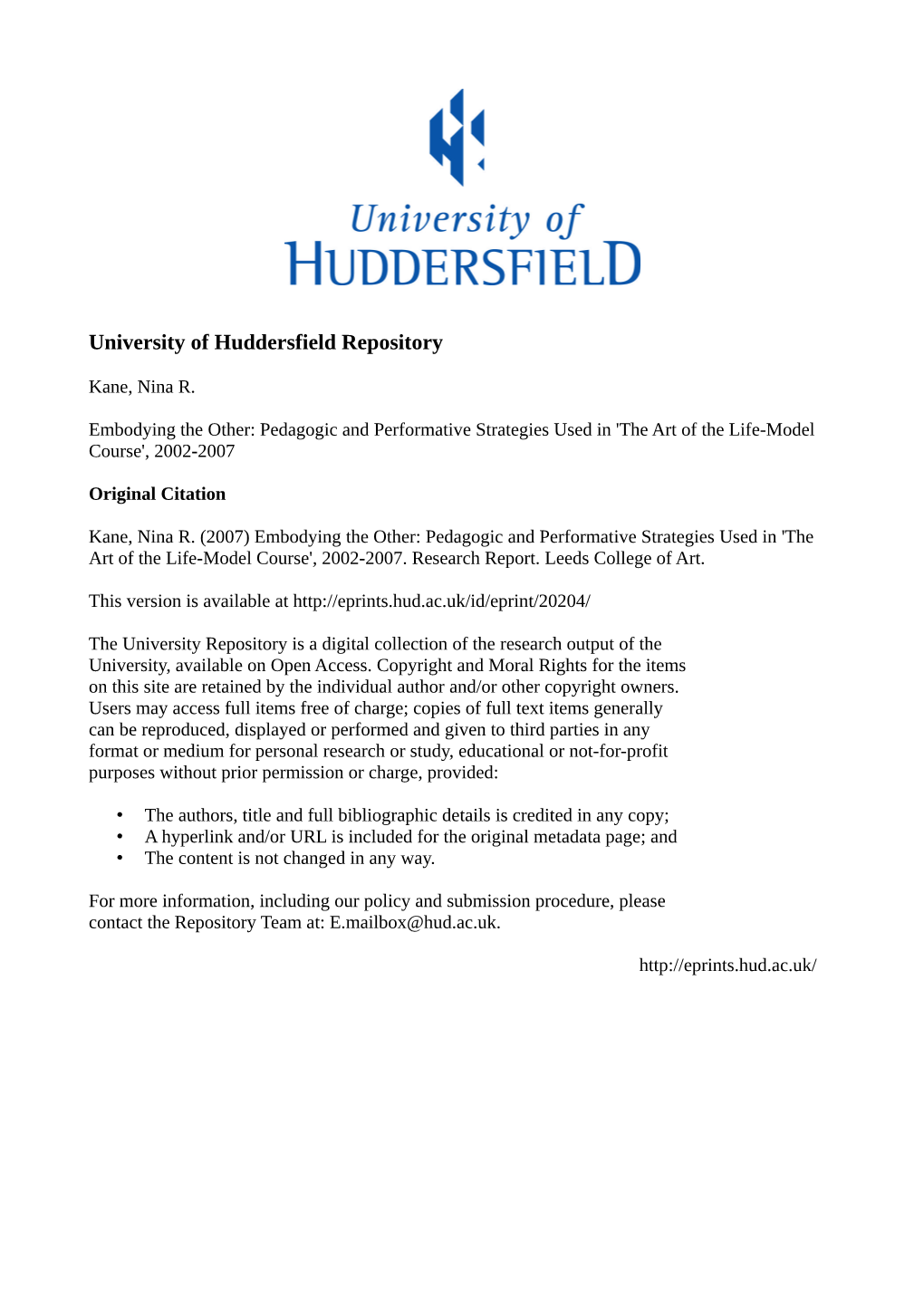 Embodying the Other: Pedagogic and Performative Strategies Used In'the Art of the Life-Model Course', 2002-2007