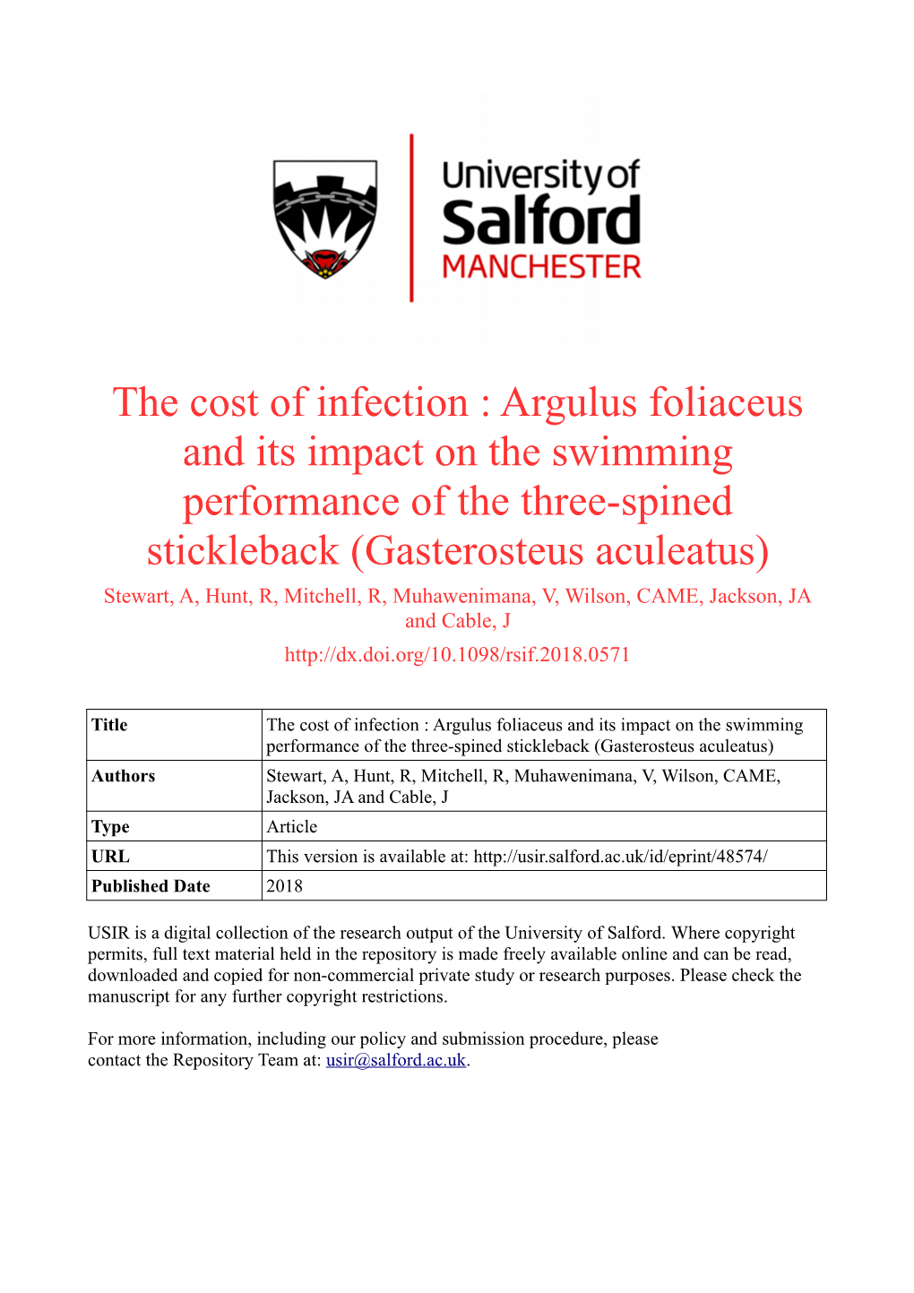 The Cost of Infection : Argulus Foliaceus and Its Impact on The